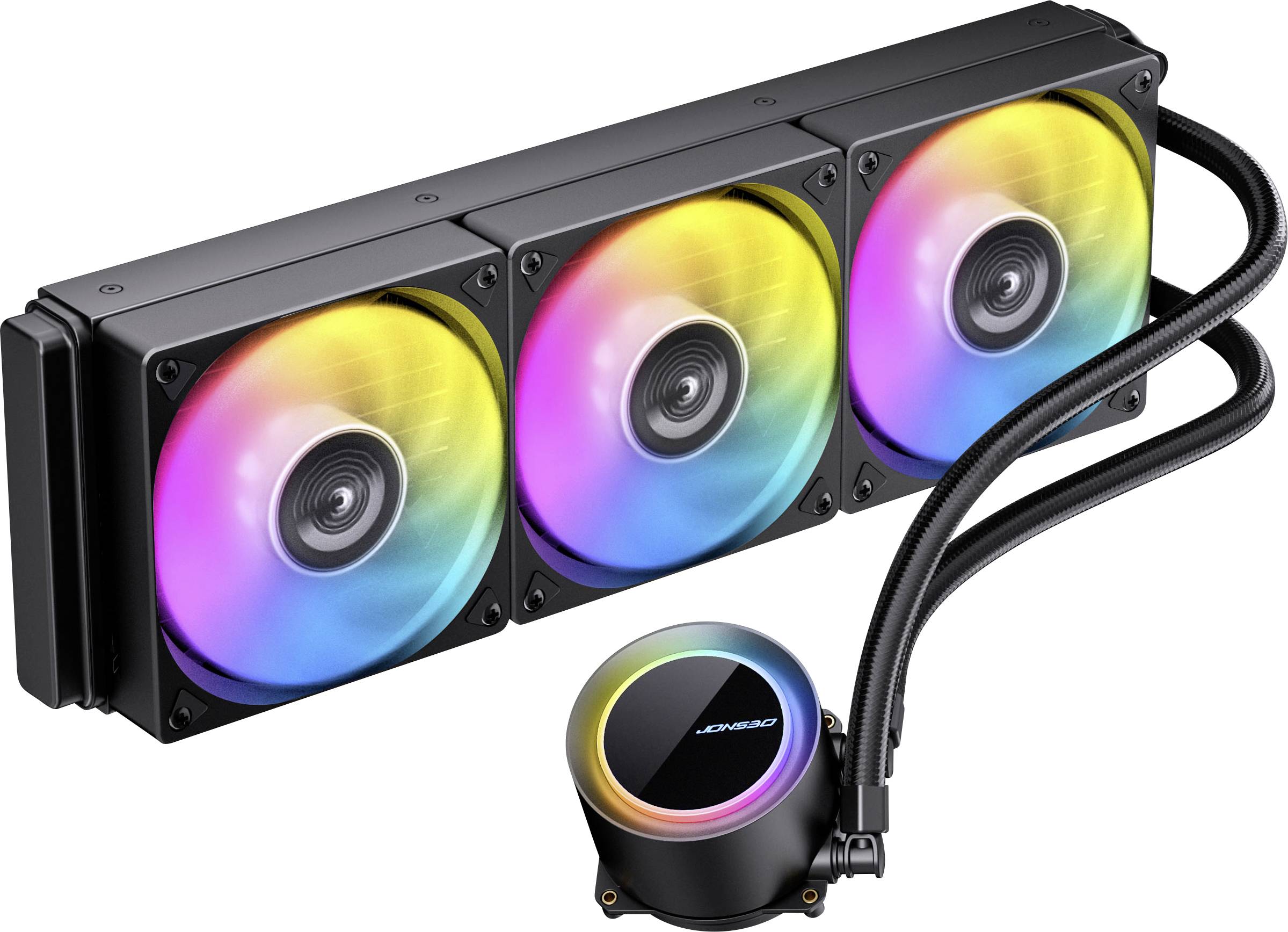 RGB-Flüssigkeitskühlung mit drei beleuchteten Lüftern und Kühlschläuchen, entwickelt für Computerhardware. Schwarzes Gerät mit bunter LED-Beleuchtung.