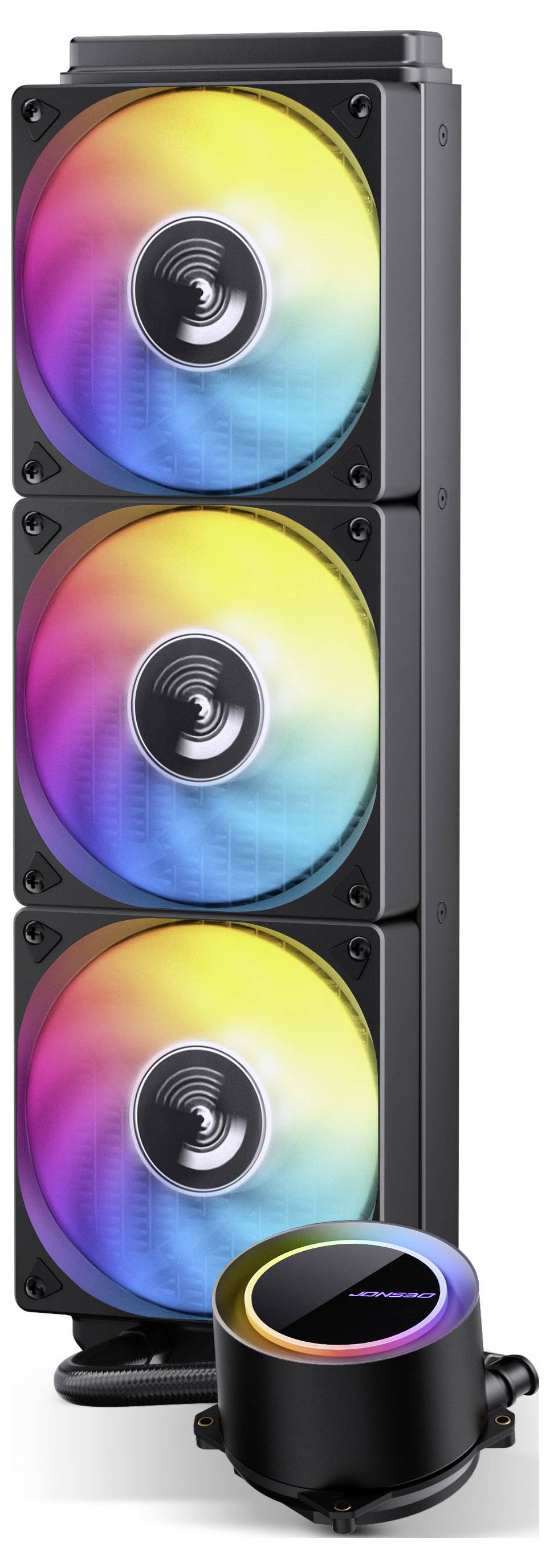 Ein vertikaler Stapel von drei bunten LED-Computerkühlventilatoren, die jeweils ein Regenbogenspektrum zeigen. Darunter ein runder CPU-Kühler mit einem passenden LED-Leuchten.