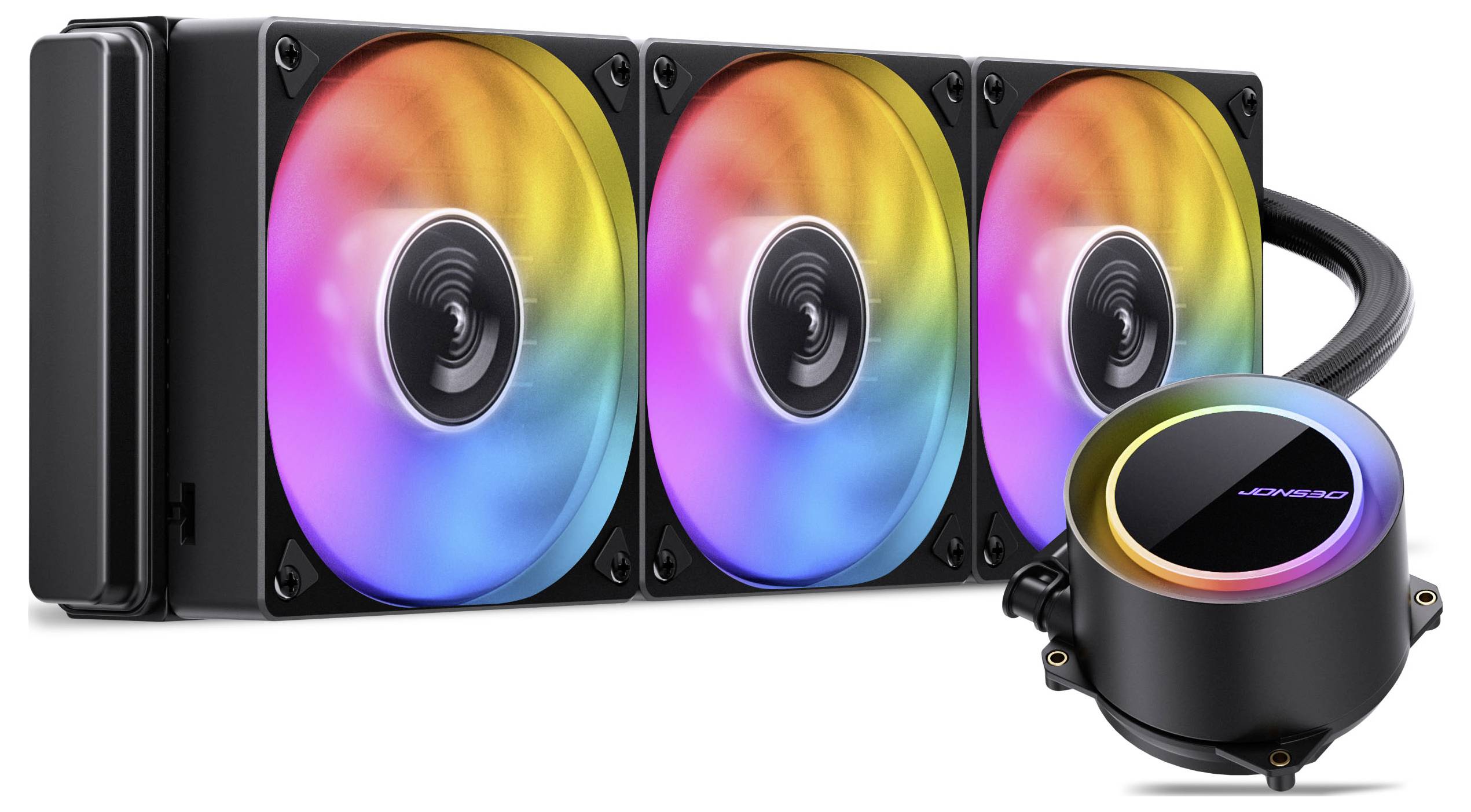 Dreifach-Lüfter Flüssigkeits-CPU-Kühler mit RGB-Beleuchtung, mit einem angeschlossenen Pumpengehäuse neben einem schlanken Kühler.