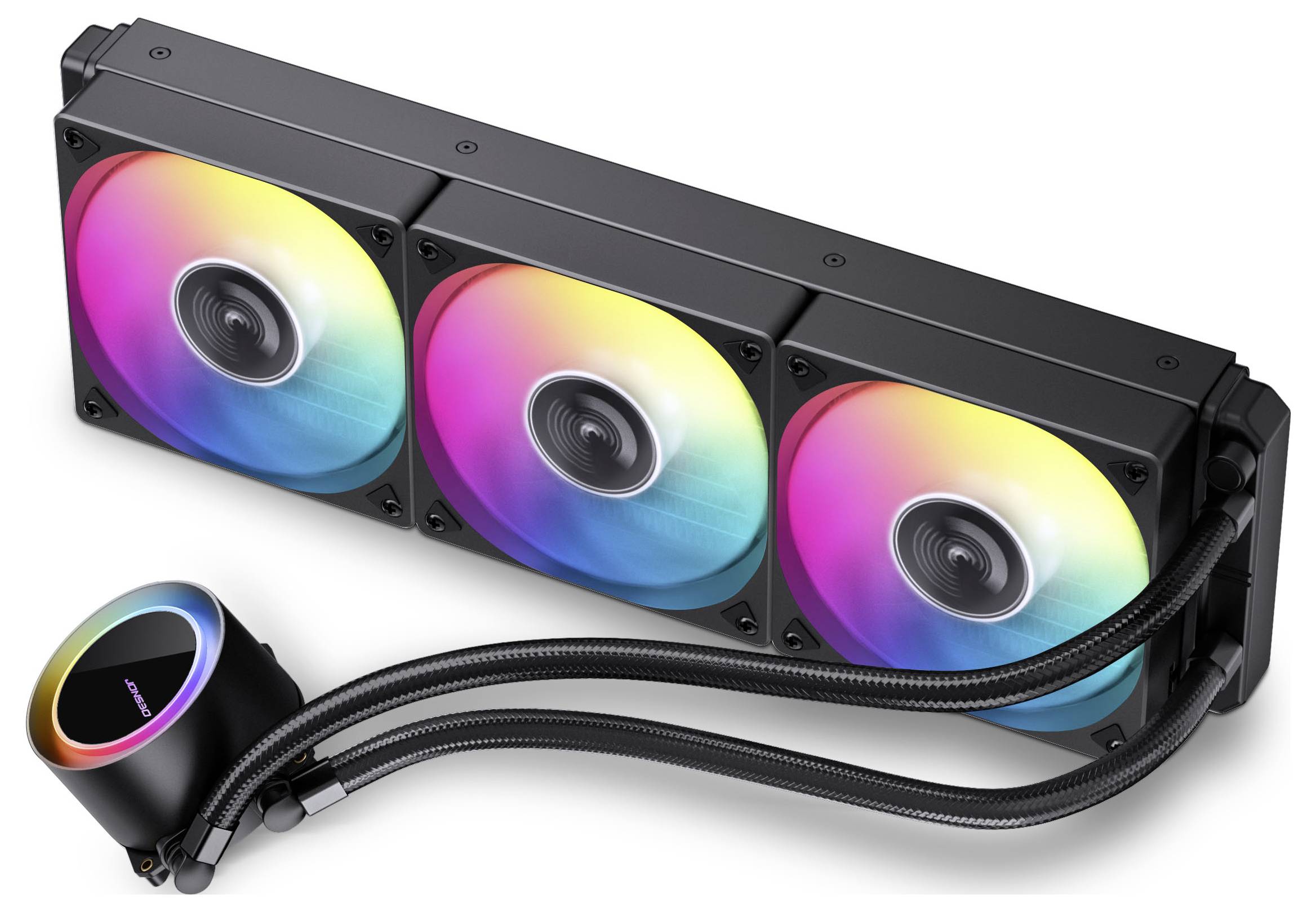 Ein Flüssigkühlsystem für Computer mit geschlossenem Kreislauf und drei RGB-Lüftern, ausgestattet mit lebendiger mehrfarbiger Beleuchtung und elegantem Schlauchtdesign.