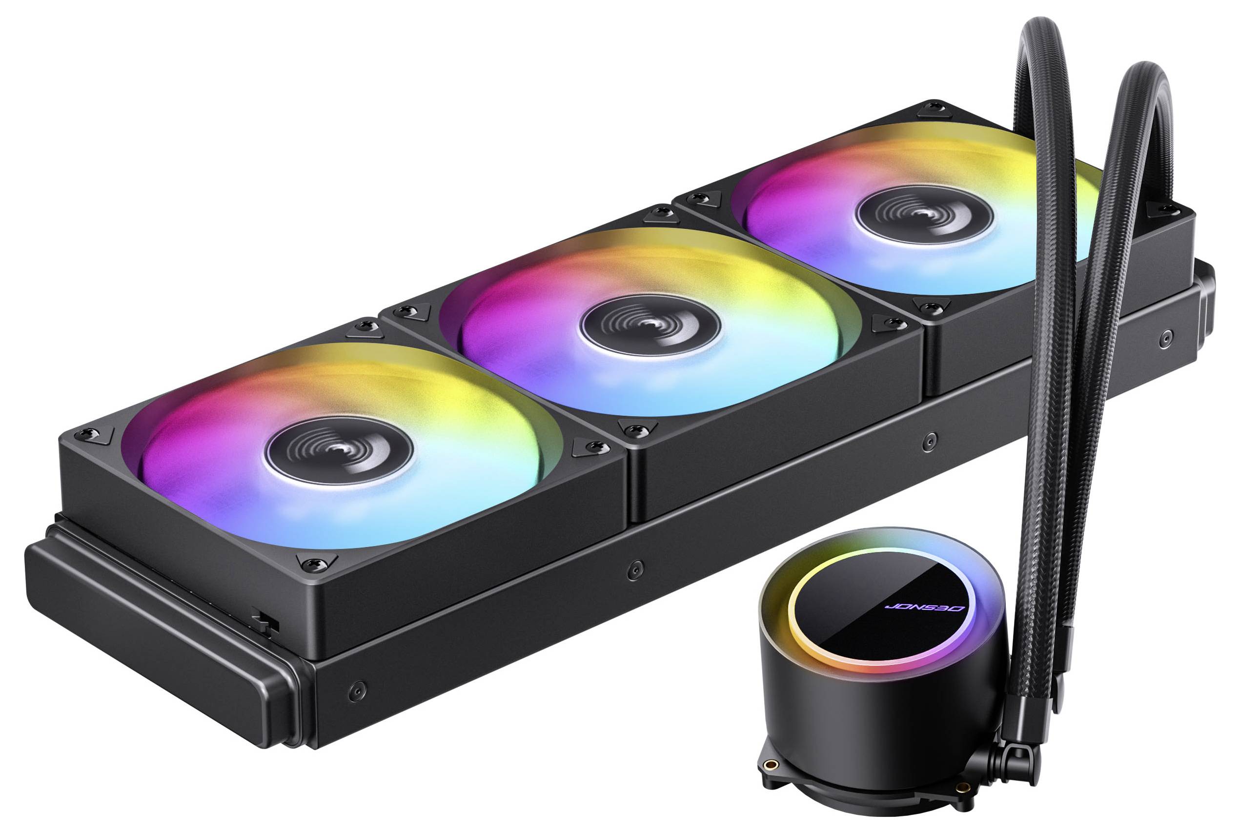 'DEEPCOOL' Flüssigkeitskühler für CPU mit drei RGB-Lüftern. Der Kühler verfügt über ein schlankes Design mit farbwechselnden Beleuchtungen und bietet eine effiziente Kühlung.