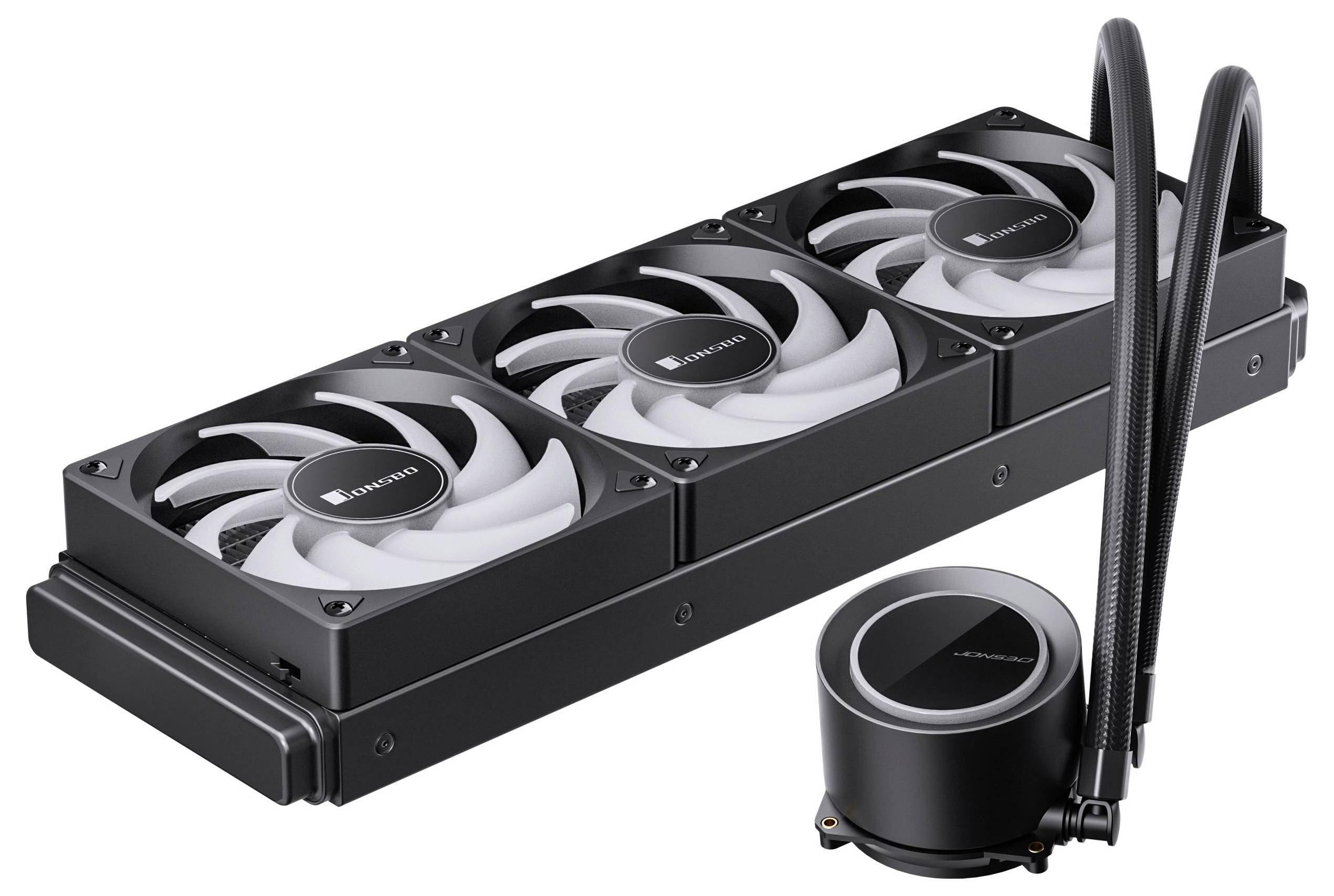 Ein Flüssigkeitskühler für CPUs mit einem Dreifach-Lüfter-Radiator und schwarzer Oberfläche, mit Markenlogo auf der Pumpe und den Lüftern.