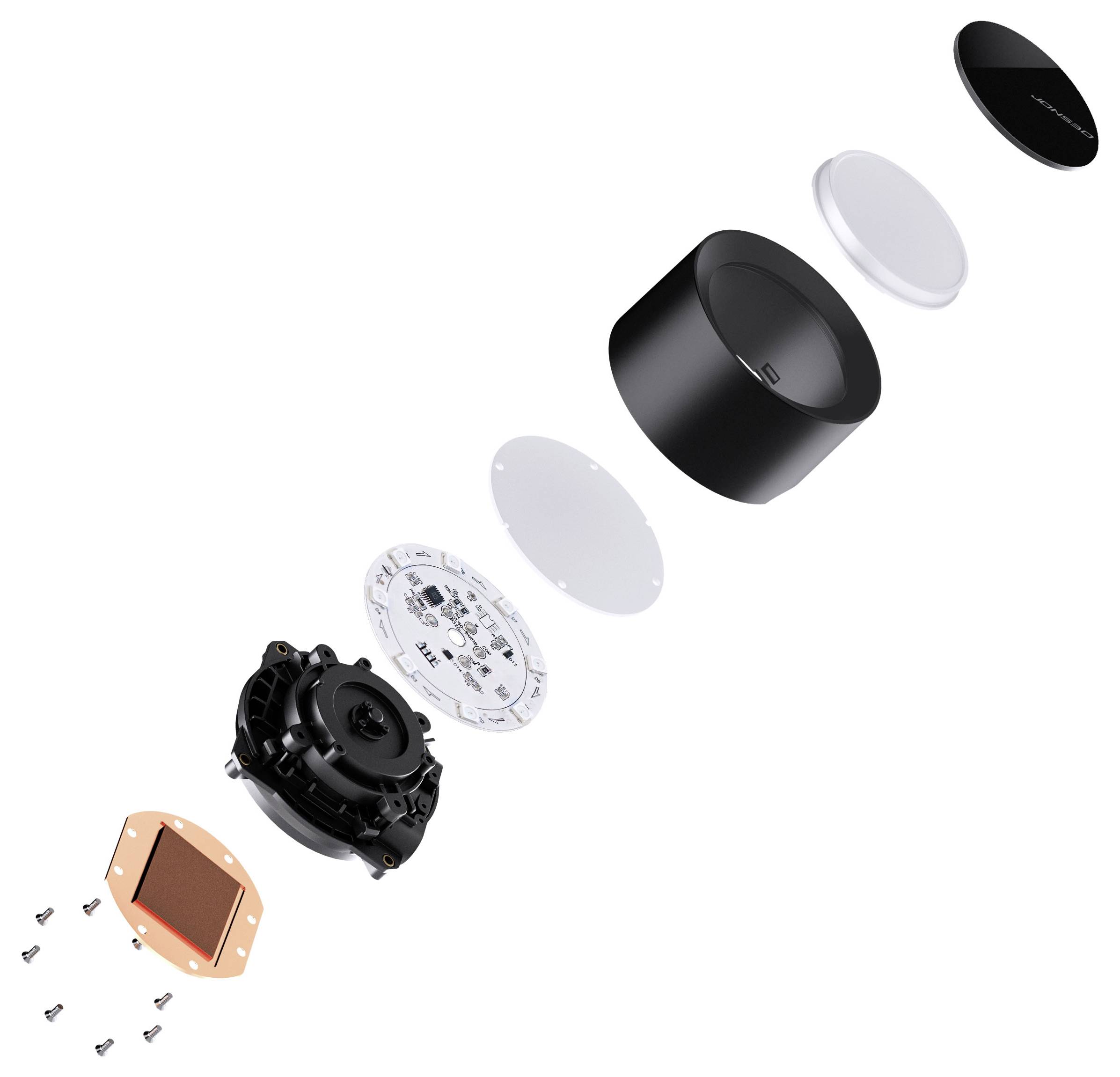 Explosionszeichnung eines Smart Speakers mit folgenden Komponenten: Schrauben, Basis, Treiber, Elektronik, Gehäuse und Deckel, die die Montage veranschaulicht.