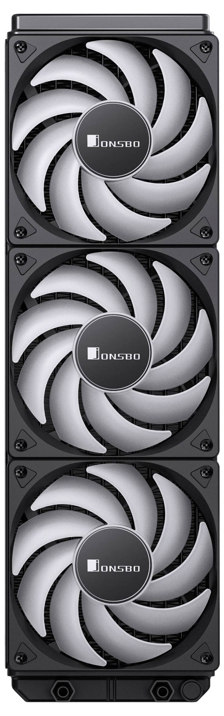 Ein Triple-Lüfter-Computerkühler mit schwarzem Rahmen und dem Logo 'ONSBO' auf jedem Lüfter, entwickelt für effiziente Wärmeableitung.