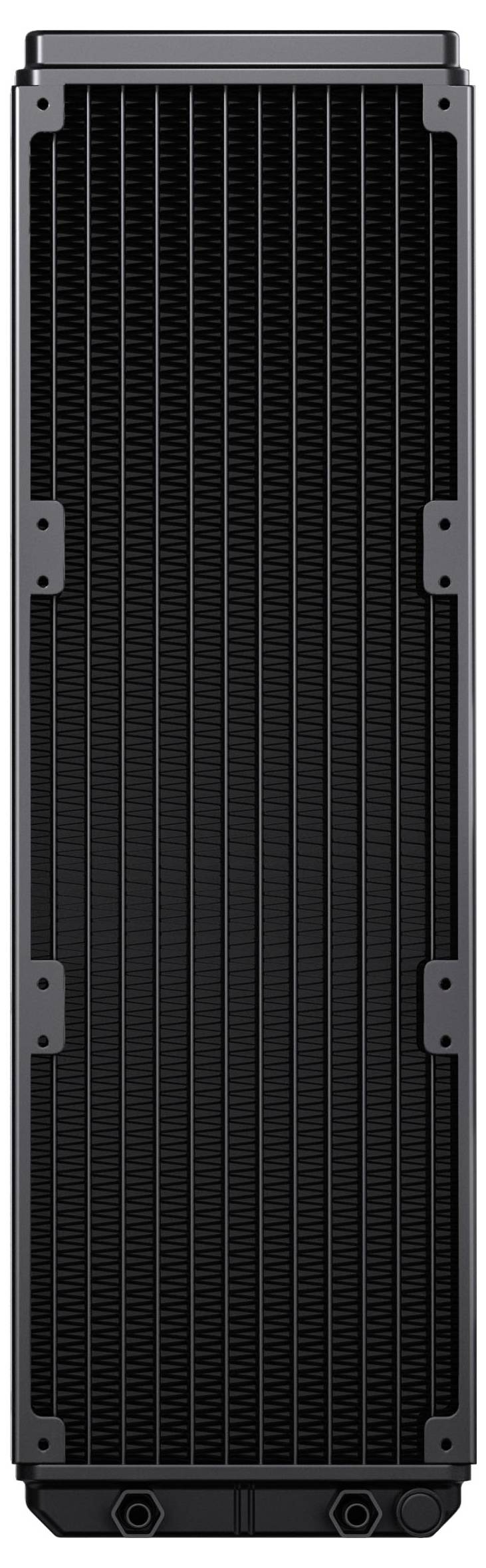 Ein schwarzer Computerradiator mit einem gitterartigen Muster zur Kühlung, der Schraublöcher an den Seiten zur Befestigung an einem System aufweist.