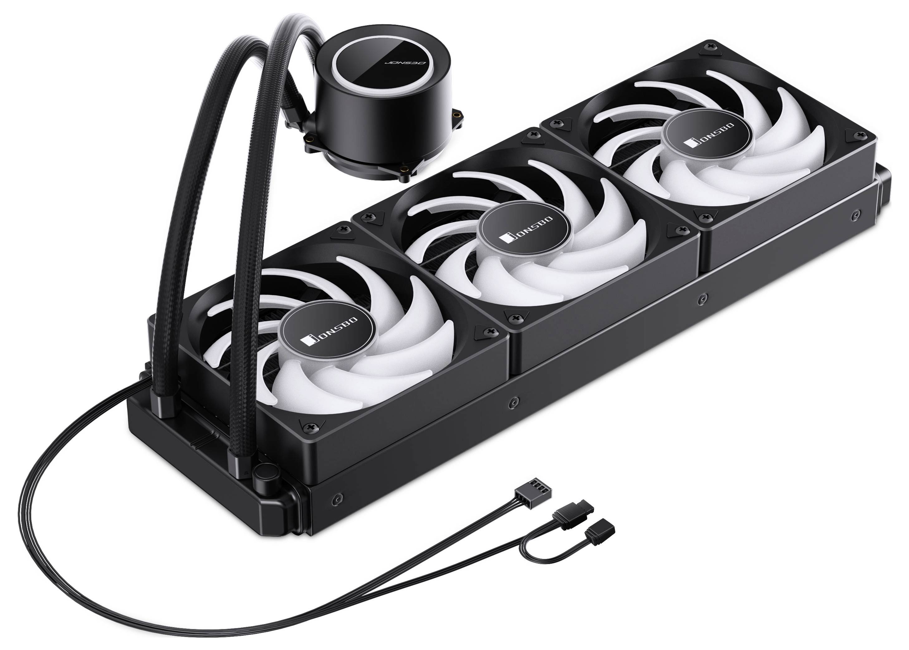 Ein schwarzer Flüssigkeits-CPU-Kühler mit drei Lüftern und zwei Verbindungsschläuchen, entwickelt für Computerkühllösungen.