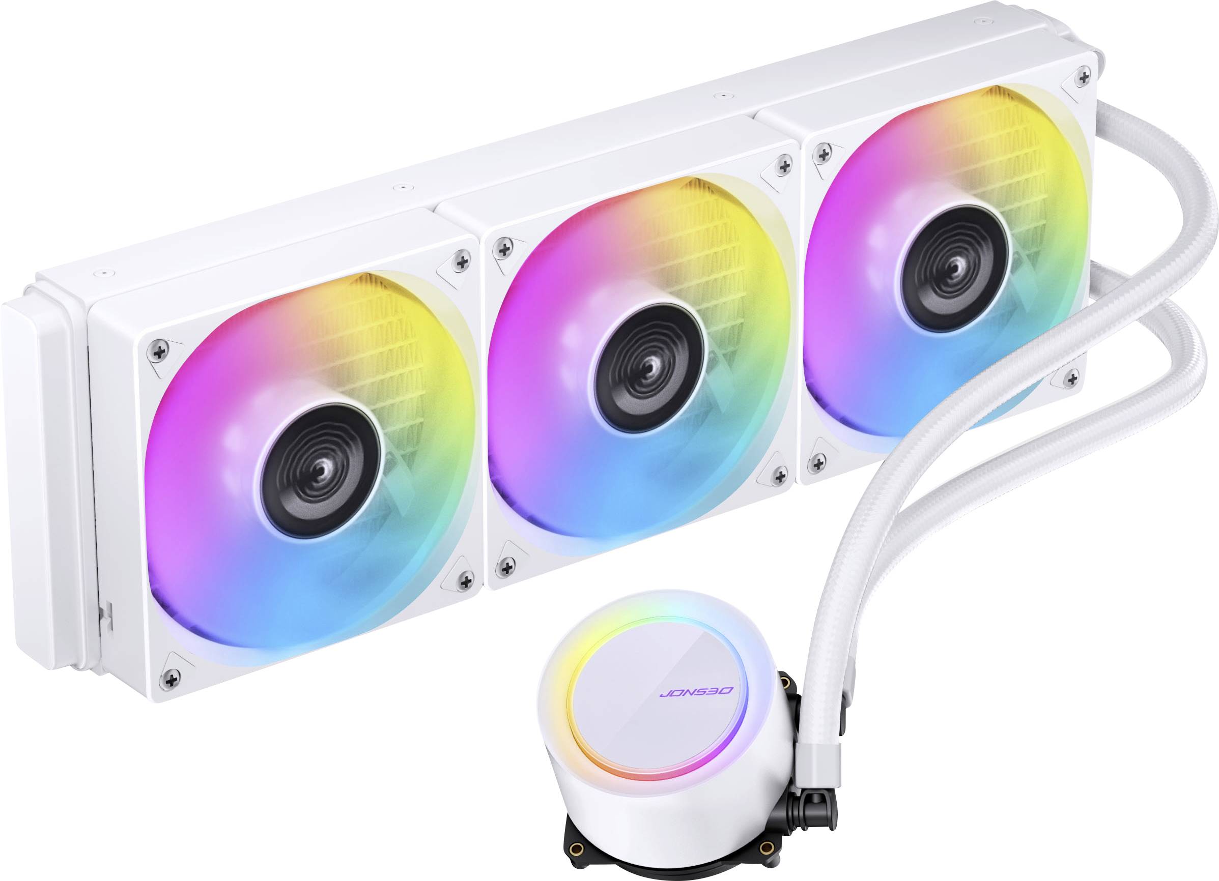 Weißes Flüssigkeitskühlsystem für Computer mit drei RGB-beleuchteten Lüftern und einer Pumpe, die lebendige Farben zur Schau stellt. Geeignet für Gaming-Setups.