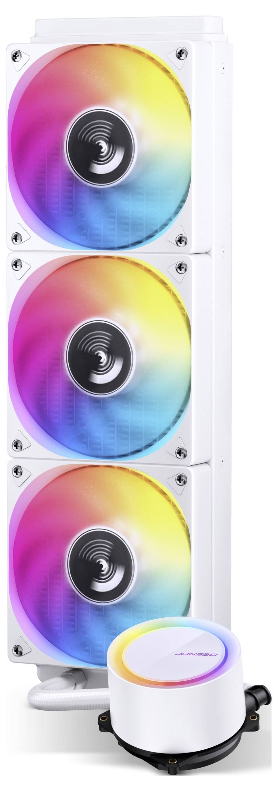 Ein weißes Computerkühler-Lüfter-Setup mit drei vertikal gestapelten farbigen RGB-Lüftern und einer kompakten zylindrischen Steuereinheit.