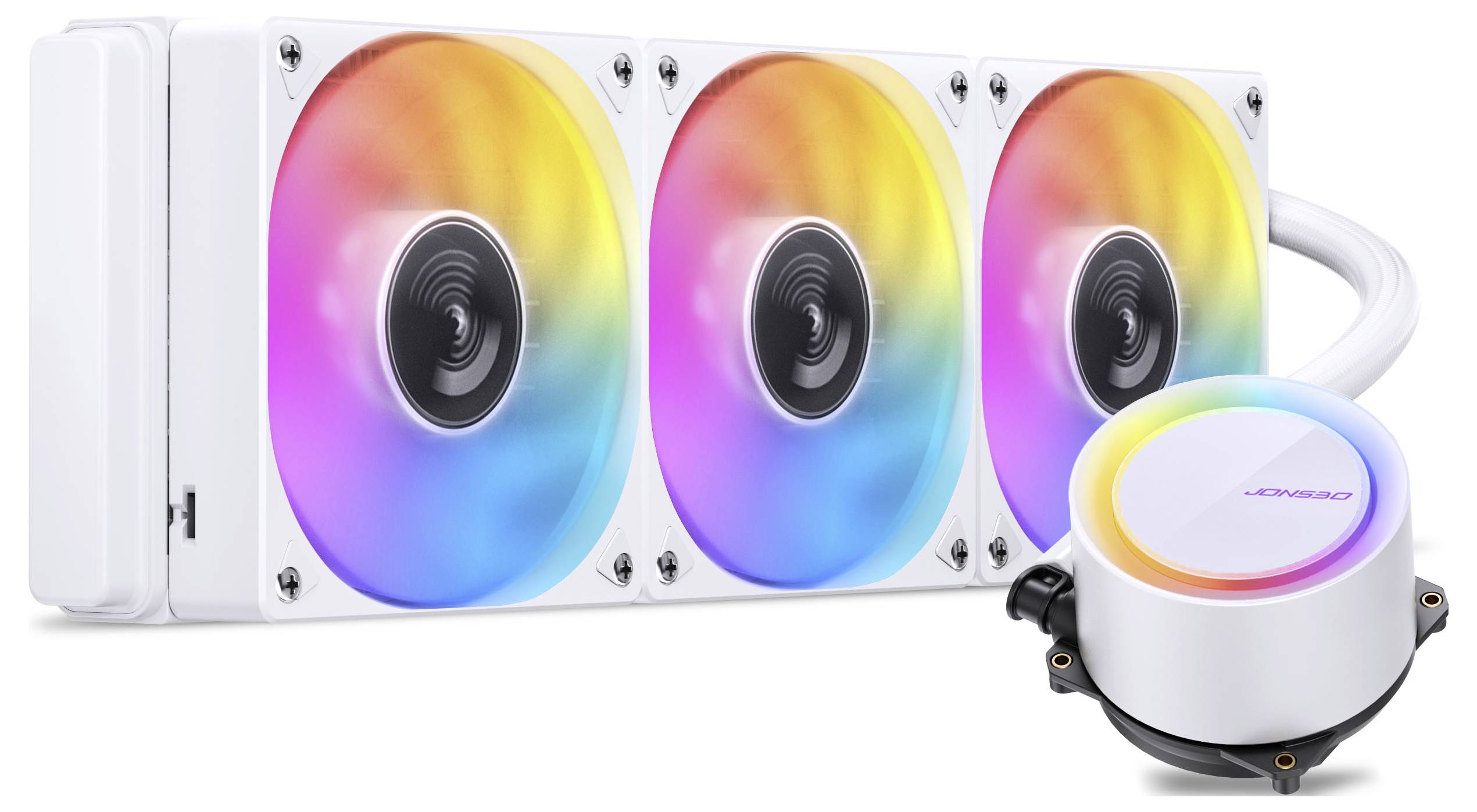 RGB-Flüssigkühlsystem mit drei mehrfarbigen Lüftern und einer zylindrischen Pumpe, entwickelt zur Verbesserung der PC-Leistung und Kühlung.