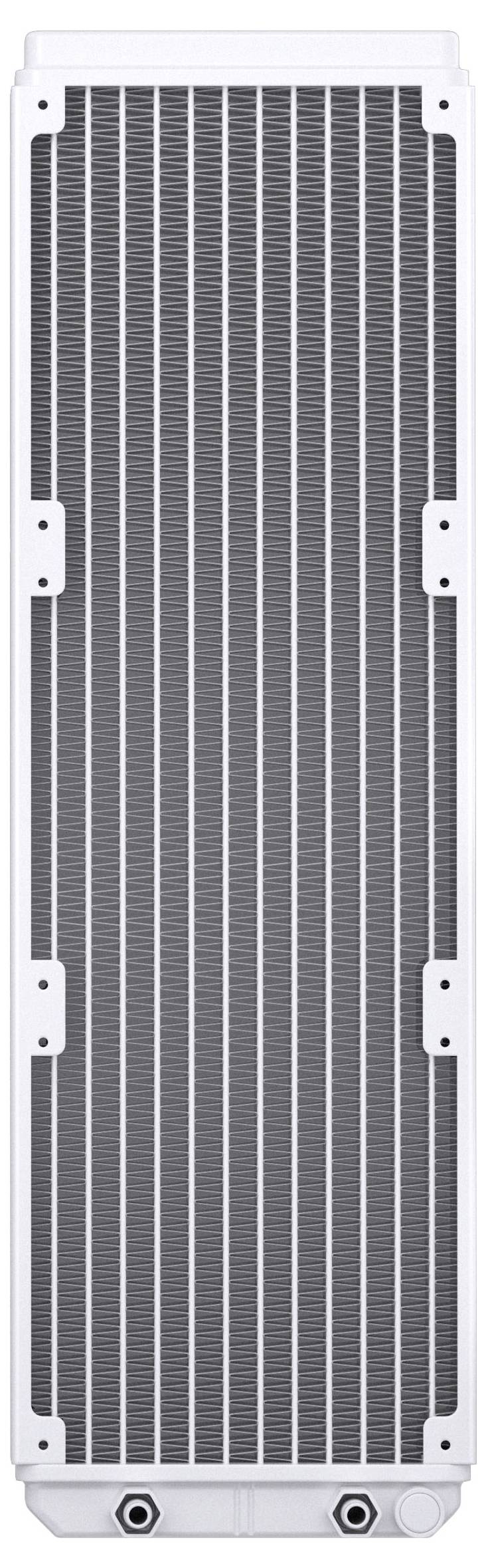 Ein hoher, rechteckiger Metallheizkörper mit mehreren horizontalen Rillen, weißen Seiten und zwei kreisrunden Öffnungen am unteren Ende.