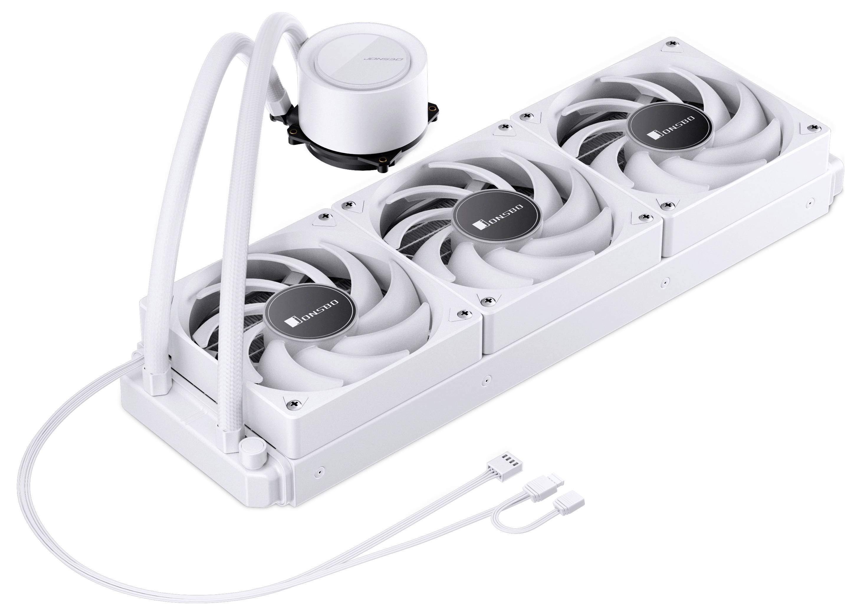 Ein weißes Flüssigkeitskühssystem für einen Computer mit einem Kühler, der drei Lüfter und einen Pumpenblock umfasst, entwickelt für eine effiziente Kühlung.