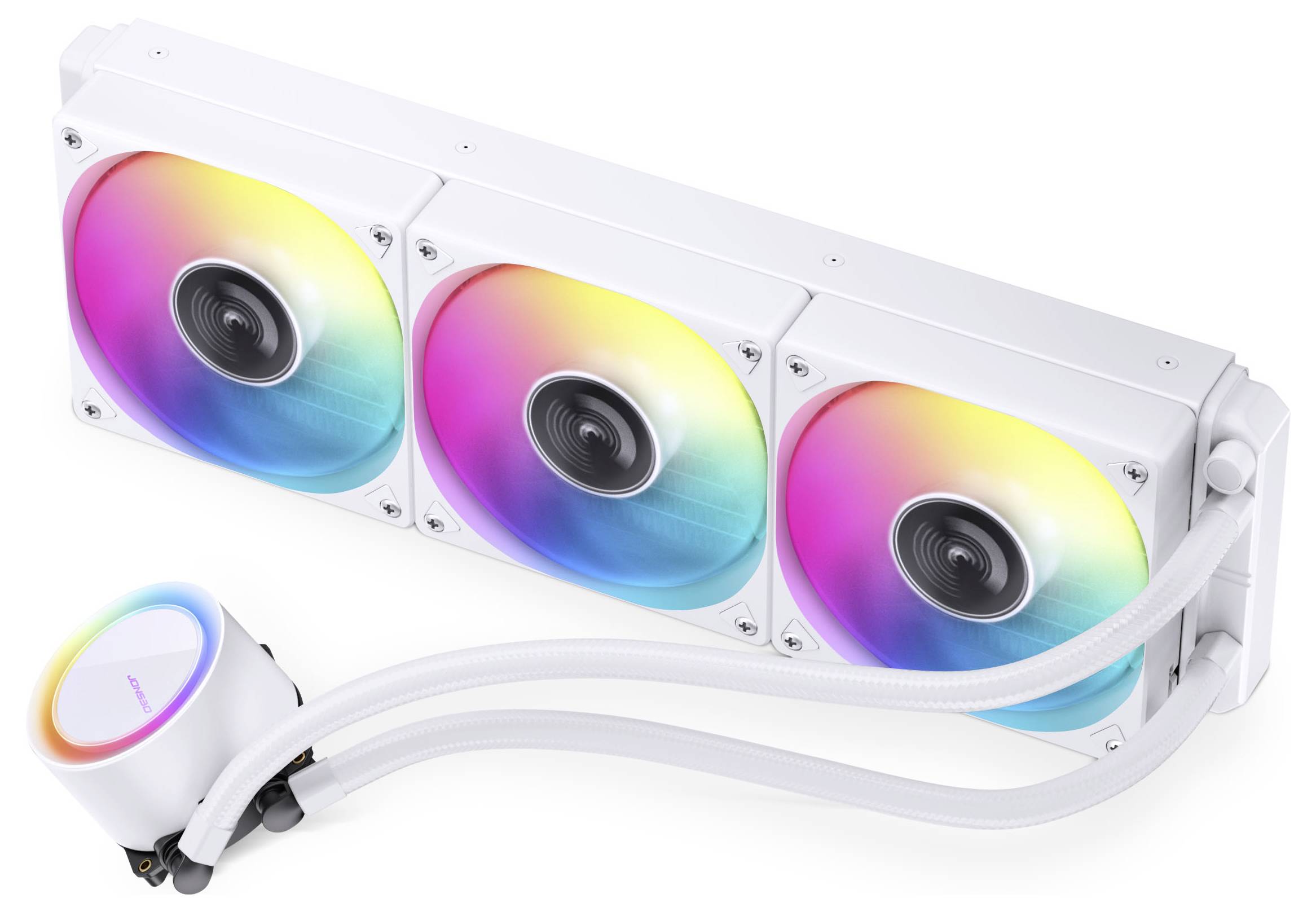 Ein weißes Kühlsystem mit drei Lüftern und einer zylindrischen Komponente, verbunden durch zwei Rohre, konzipiert für effiziente Wärmeleitung.