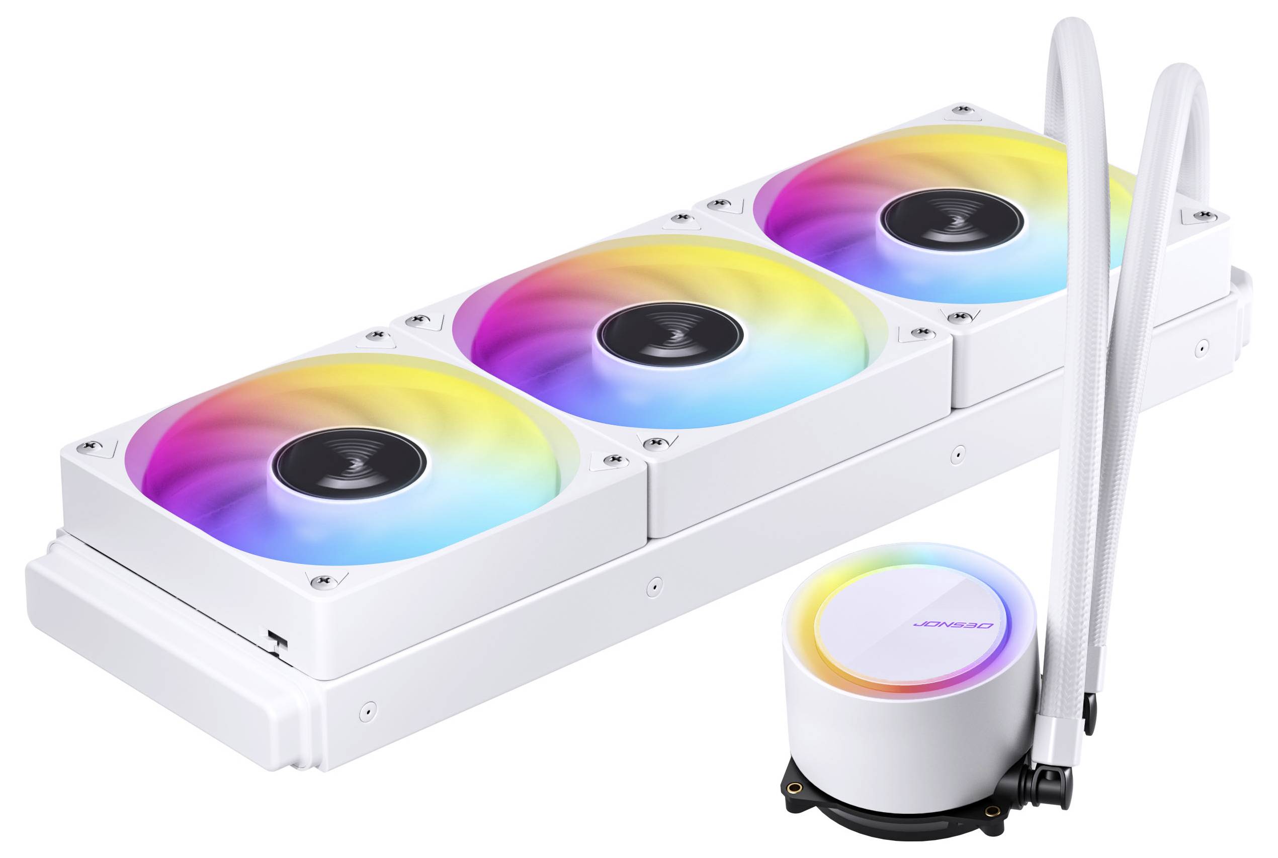 Weißes Computerkühlesystem mit drei Lüftern und Schläuchen für die Flüssigkeitskühlung, konzipiert für effizientes Wärmemanagement in PCs.