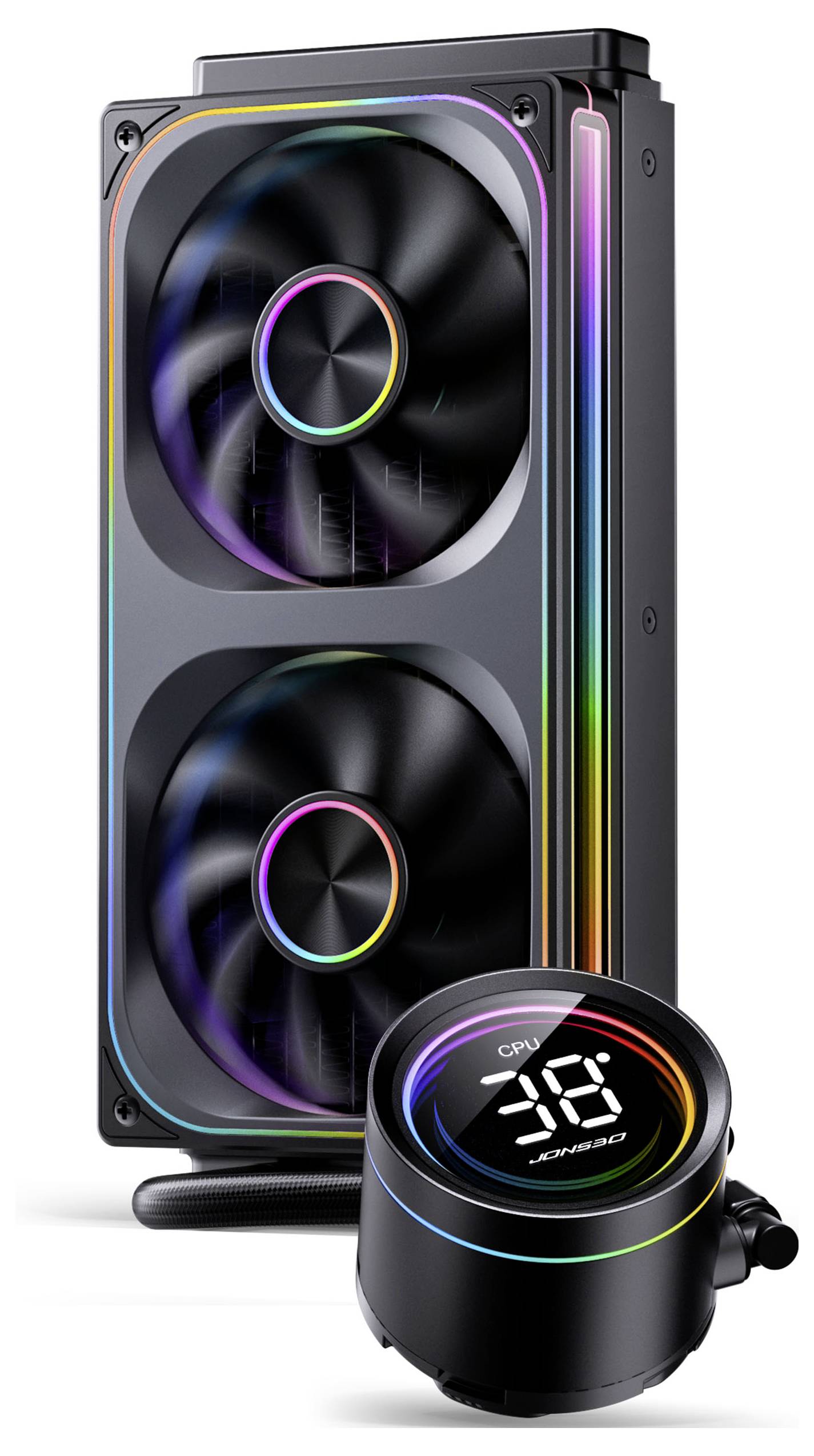 Ein schwarzer CPU-Kühler mit RGB-Beleuchtung, ausgestattet mit einem Dual-Lüfter-Radiator und einem digitalen Display, das auf der Pumpe 'CPU 36°C' anzeigt.