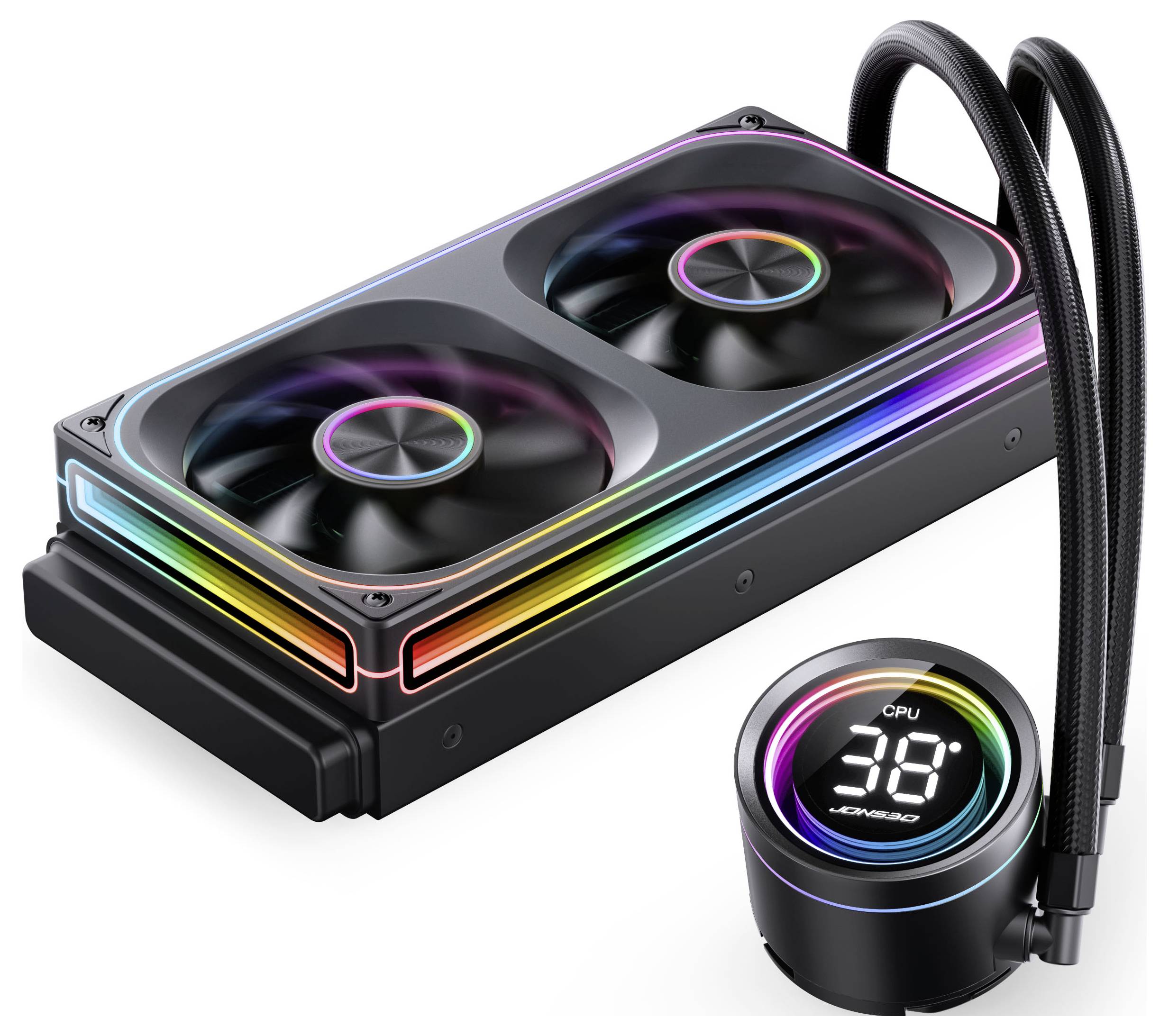AIO-Flüssigkeitskühler mit zwei RGB-Lüftern und einem digitalen Display, das die CPU-Temperatur bei 30 Grad Celsius anzeigt.