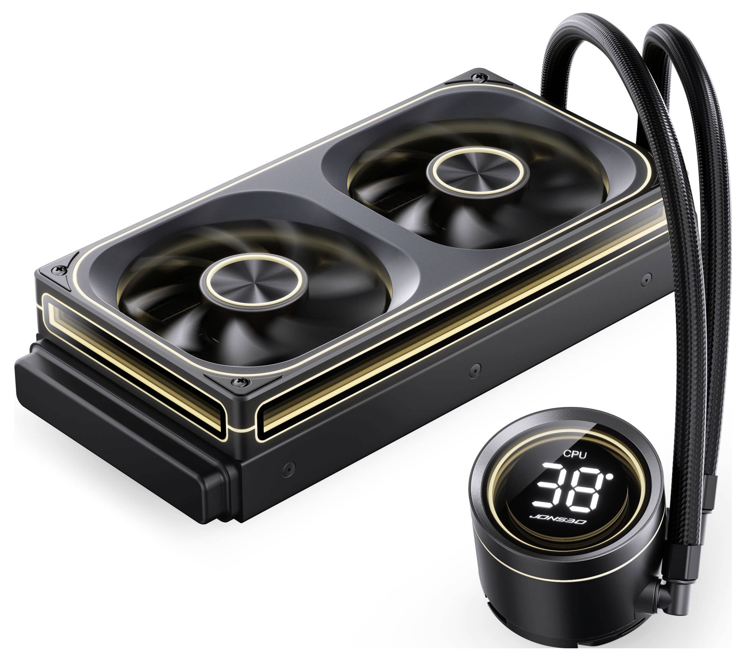 Ein schwarzer und goldener Computerlüfter mit Flüssigkeitskühlung, ausgestattet mit Doppelventilatoren und einer runden Anzeige, die '30°C CPU' zeigt.