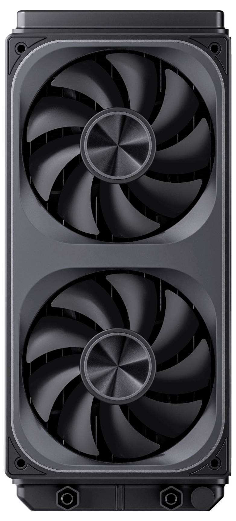 Eine schwarze Computergrafikkarte mit zwei großen Kühlventilatoren, entwickelt für High-Performance-Gaming oder professionelle Grafikaufgaben.