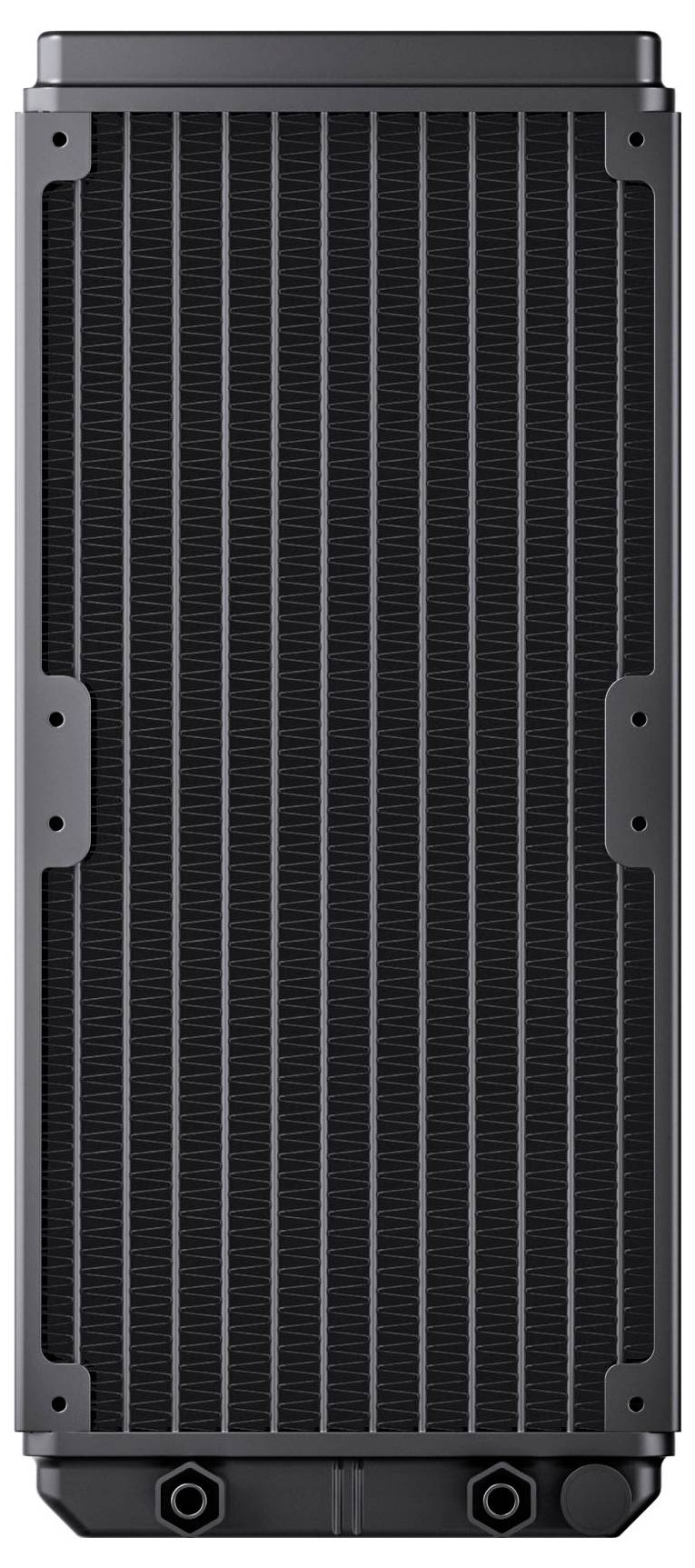 Eine vertikale Ansicht eines schwarzen Computerkühlkörpers mit einem Gitternetzmusters, mit zwei Befestigungslöchern am unteren Ende zur Installation.