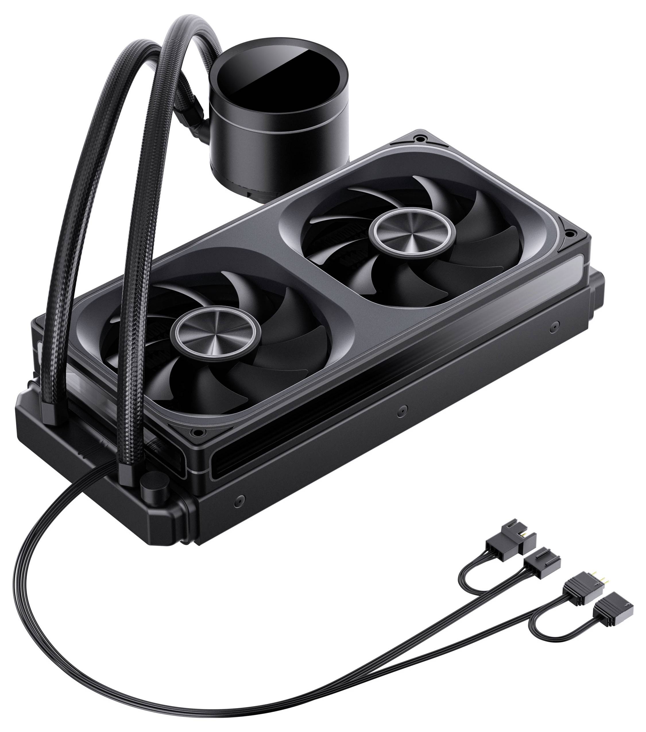 Ein CPU-Flüssigkühlsystem mit einem schwarzen Dual-Fan-Radiator und einer kreisförmigen Pumpe, entwickelt zur Wärmeableitung, mit angeschlossenen Kabeln.