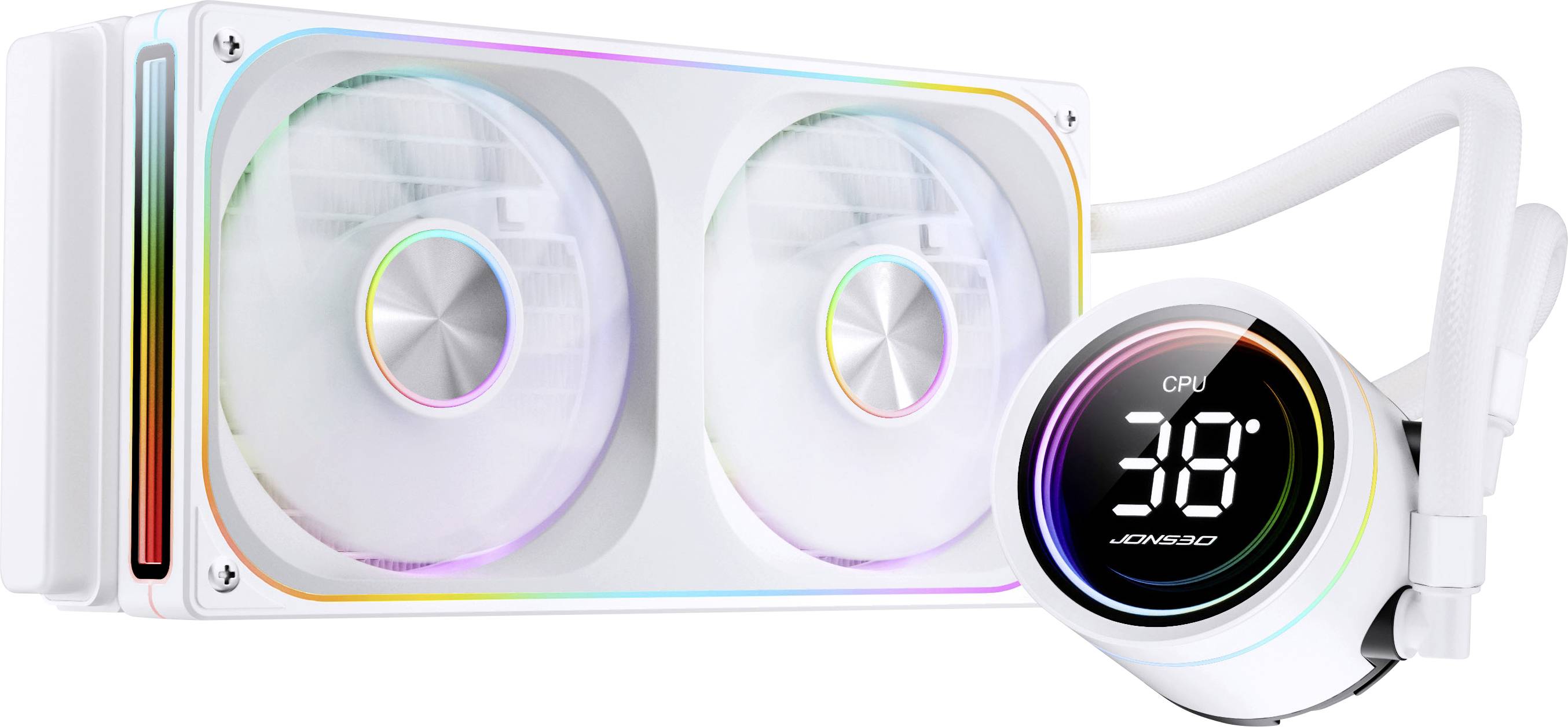 Ein weißer CPU-Flüssigkeitskühler mit zwei Lüftern und einem kreisförmigen digitalen Display, das '38°' anzeigt. RGB-Beleuchtung akzentuiert die Kanten und Lüfter.