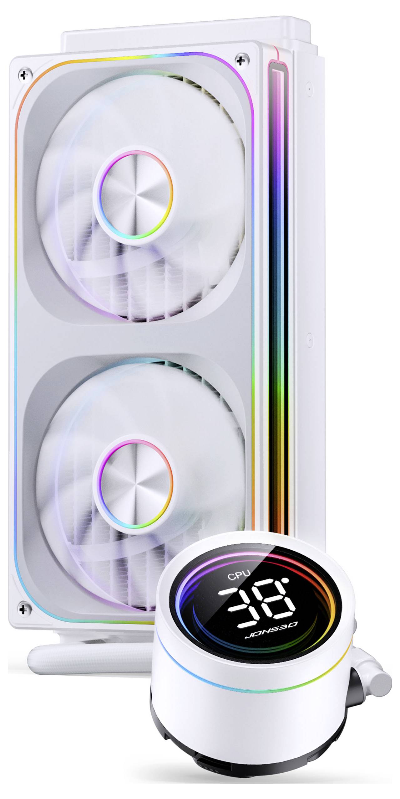 Weißer Dual-Fan CPU-Kühler mit leuchtenden RGB-Lichtern und einem digitalen Display, das 'CPU-Temperatur 30°C' anzeigt und somit Temperaturmessungen darstellt.