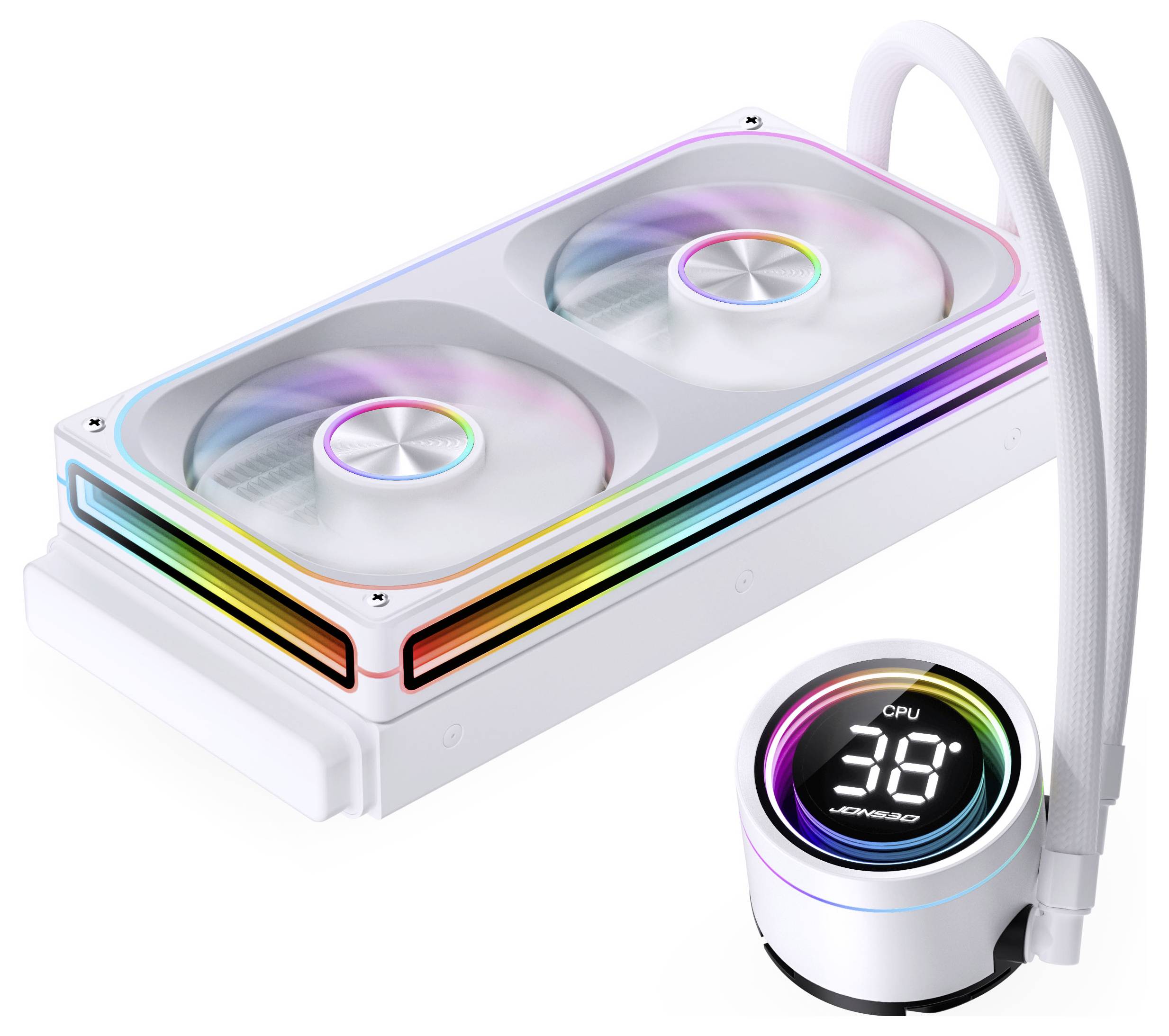 Ein weißes CPU-Flüssigkühlsystem mit Doppellüftern und RGB-Beleuchtung, das auf einer digitalen Schnittstelle ‚CPU 36°' anzeigt und damit die Temperatur signalisiert.