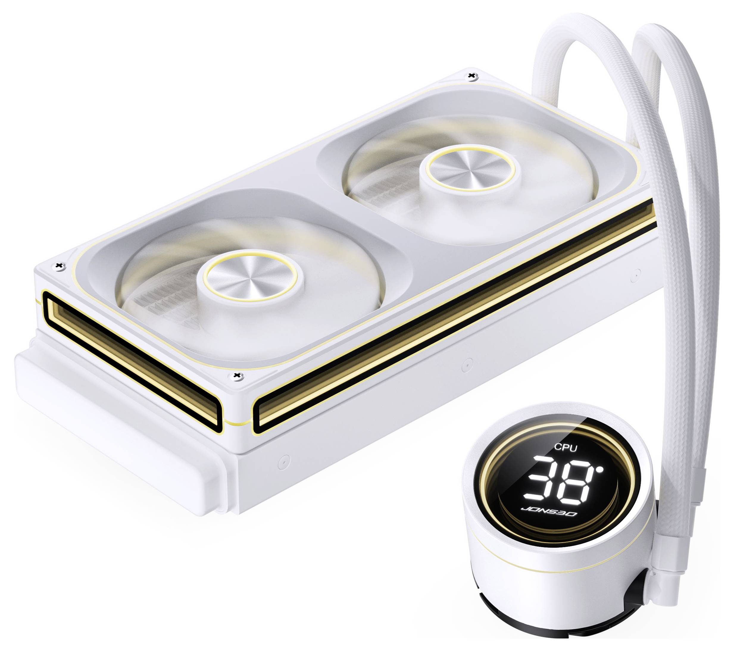 Ein weißes Computerkühsystem mit zwei Lüftern und goldenen Akzenten. Ein Display auf einer kreisförmigen Komponente zeigt 'CPU 36°' und gibt damit die Temperatur an.