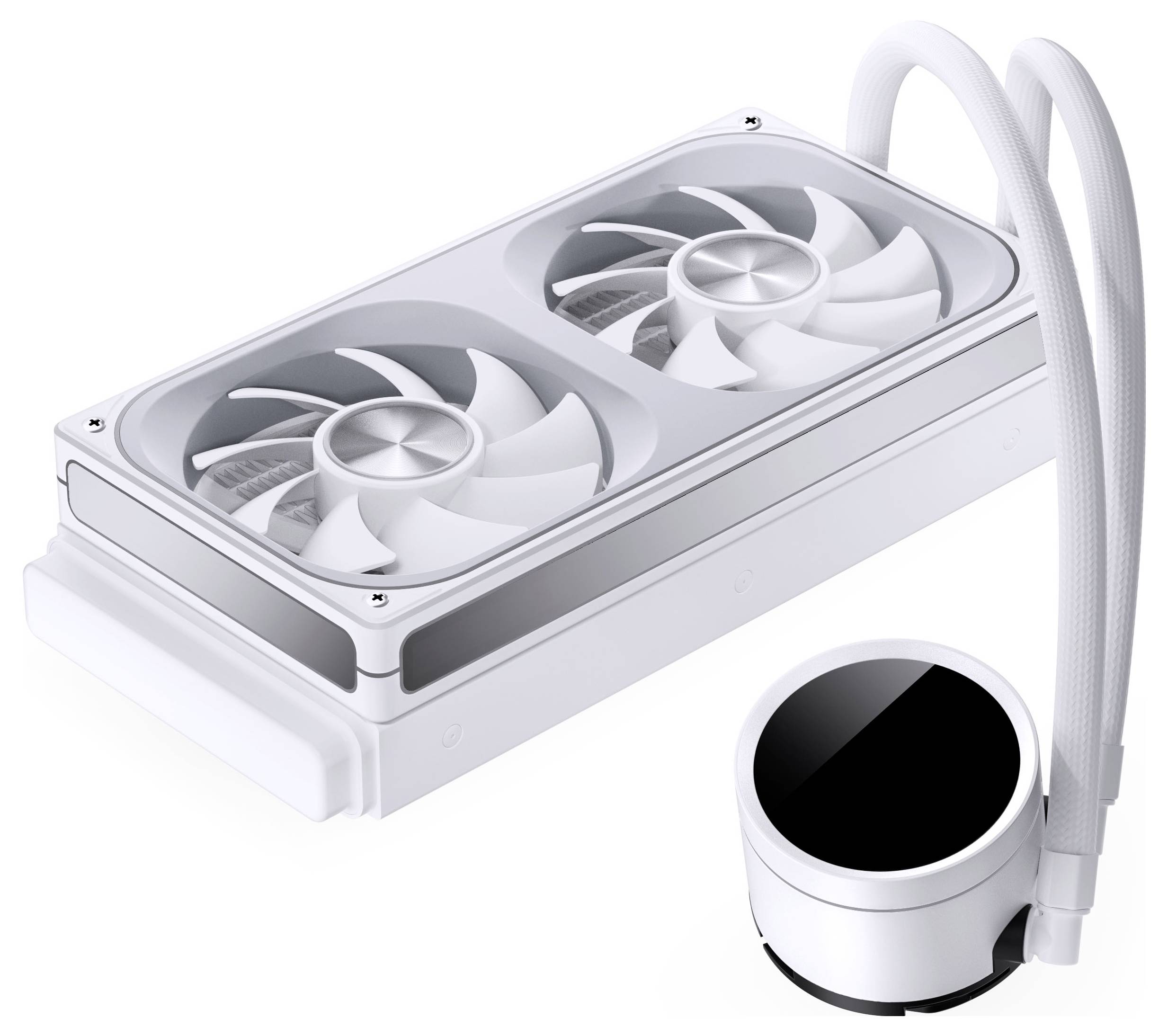 Ein weißer Dual-Lüfter CPU-Wasserkühler mit zwei weißen Schläuchen und einer runden Pumpeneinheit, entwickelt für eine effiziente Kühlung in Computersystemen.
