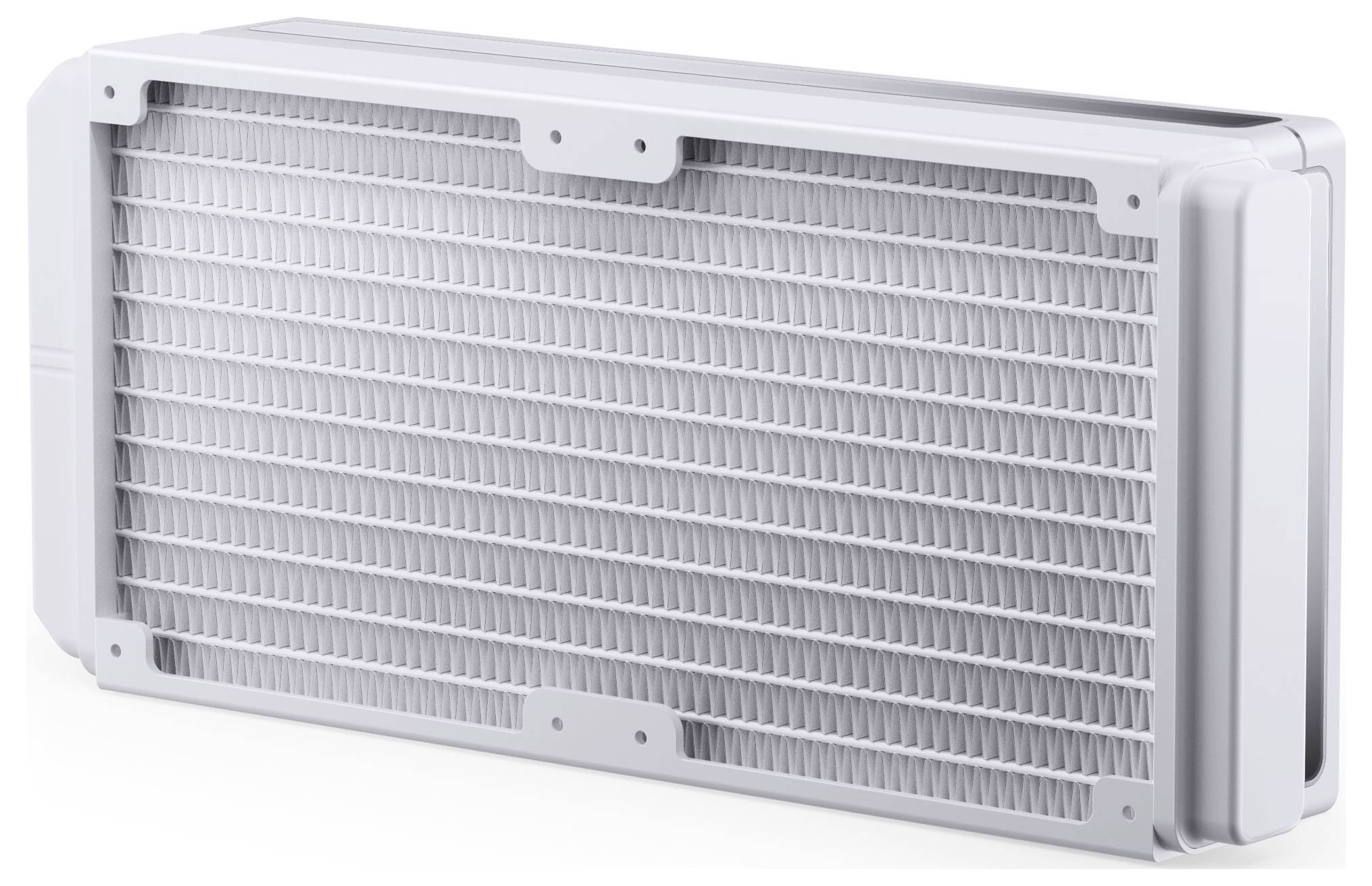 Rechteckiger Luftfilter mit einem weißen Kunststoffrahmen, der dichte, gitterartige Falten zum Auffangen von Staub und Schadstoffen aufweist.