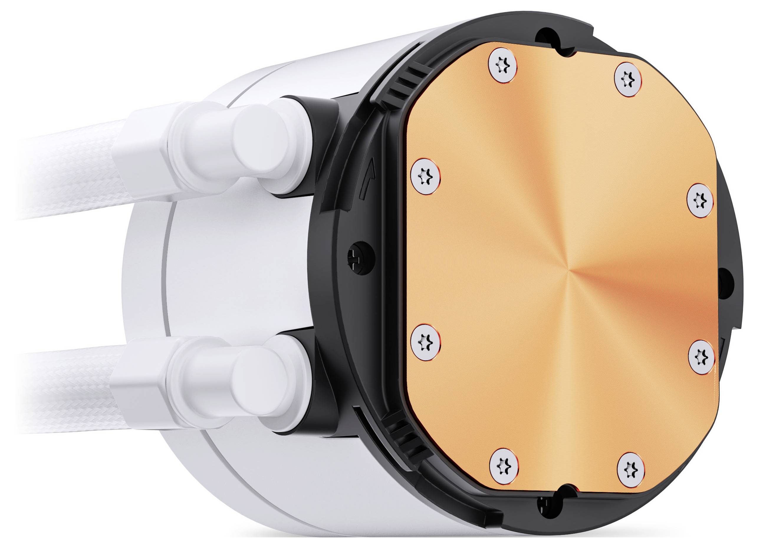 Nahaufnahme eines Kupfer-CPU-Kühlkörpers mit zwei verbundenen weißen Rohren, entwickelt für eine effiziente Wärmeableitung in Computersystemen.