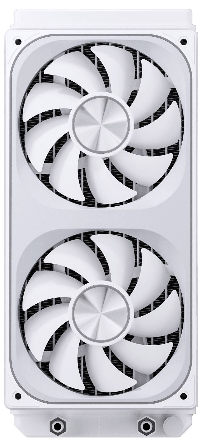 Eine weiße Grafikkarte mit zwei großen Kühlventilatoren auf der Vorderseite. Die Ventilatoren sind in einen schlanken rechteckigen Rahmen eingebettet.