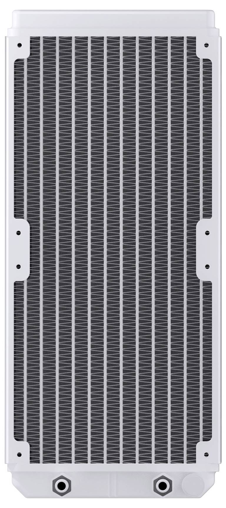 Ein weißer rechteckiger Heizkörper mit Gittermuster bedeckt die Hauptfläche und verfügt über zwei Anschlussports am unteren Rand.