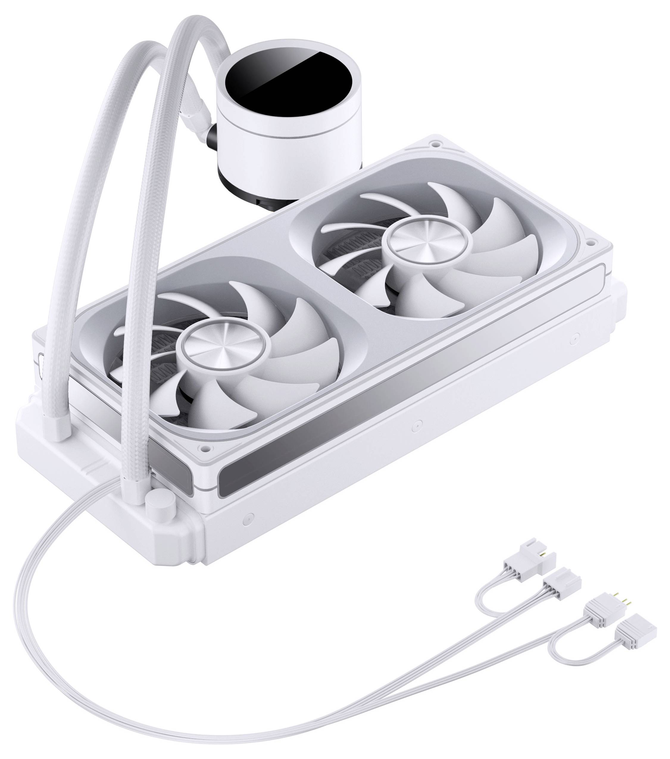 Ein weißes Computer-Flüssigkühlsystem mit Doppellüftern und einer zylindrischen Pumpe, ausgestattet mit zwei Stromsteckern.