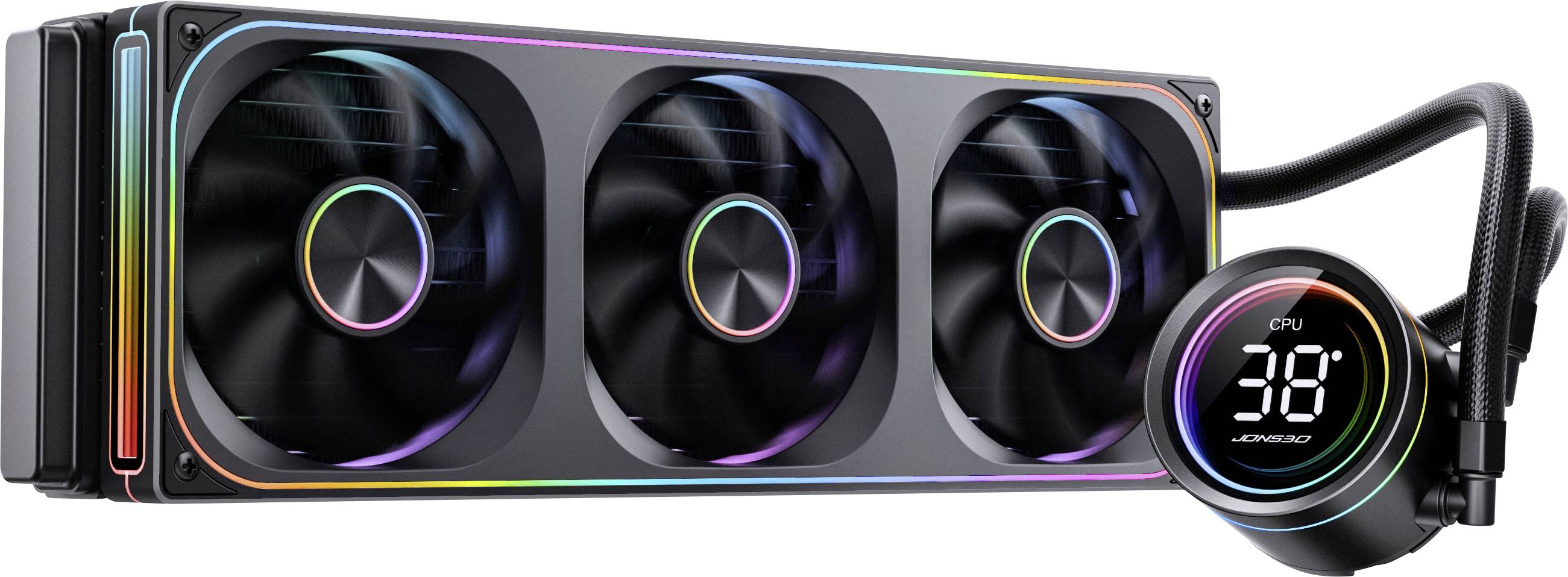 Ein Flüssigkeitskühler für den Prozessor mit drei großen Lüftern und einem digitalen Display, das '38 Grad CPU' anzeigt. Die Lüfter und das Display verfügen über RGB-Beleuchtung.