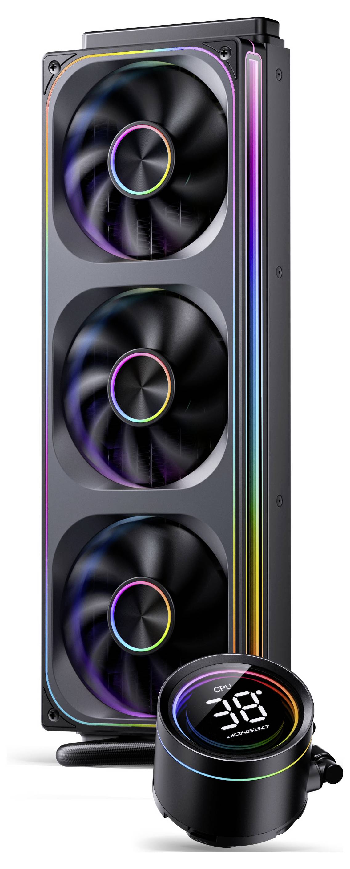 Flüssigkühlsystem für Computer mit drei RGB-Lüftern und einem runden digitalen Display zur Temperaturanzeige. Geeignet für Performance-PC-Builds.