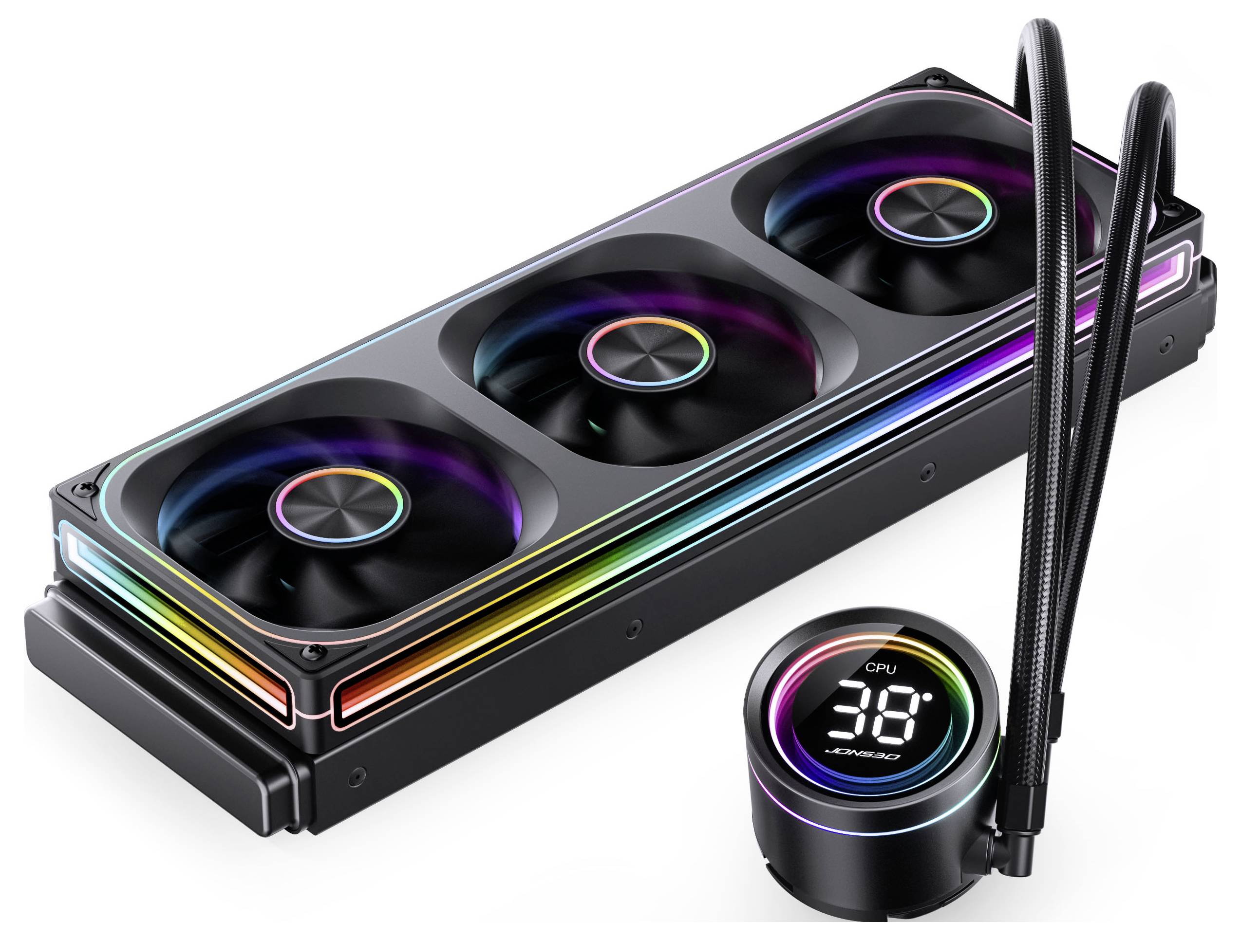 Ein Flüssigkeitskühler für CPUs mit drei RGB-Lüftern und einem Display an der Pumpe, das die CPU-Temperatur anzeigt.