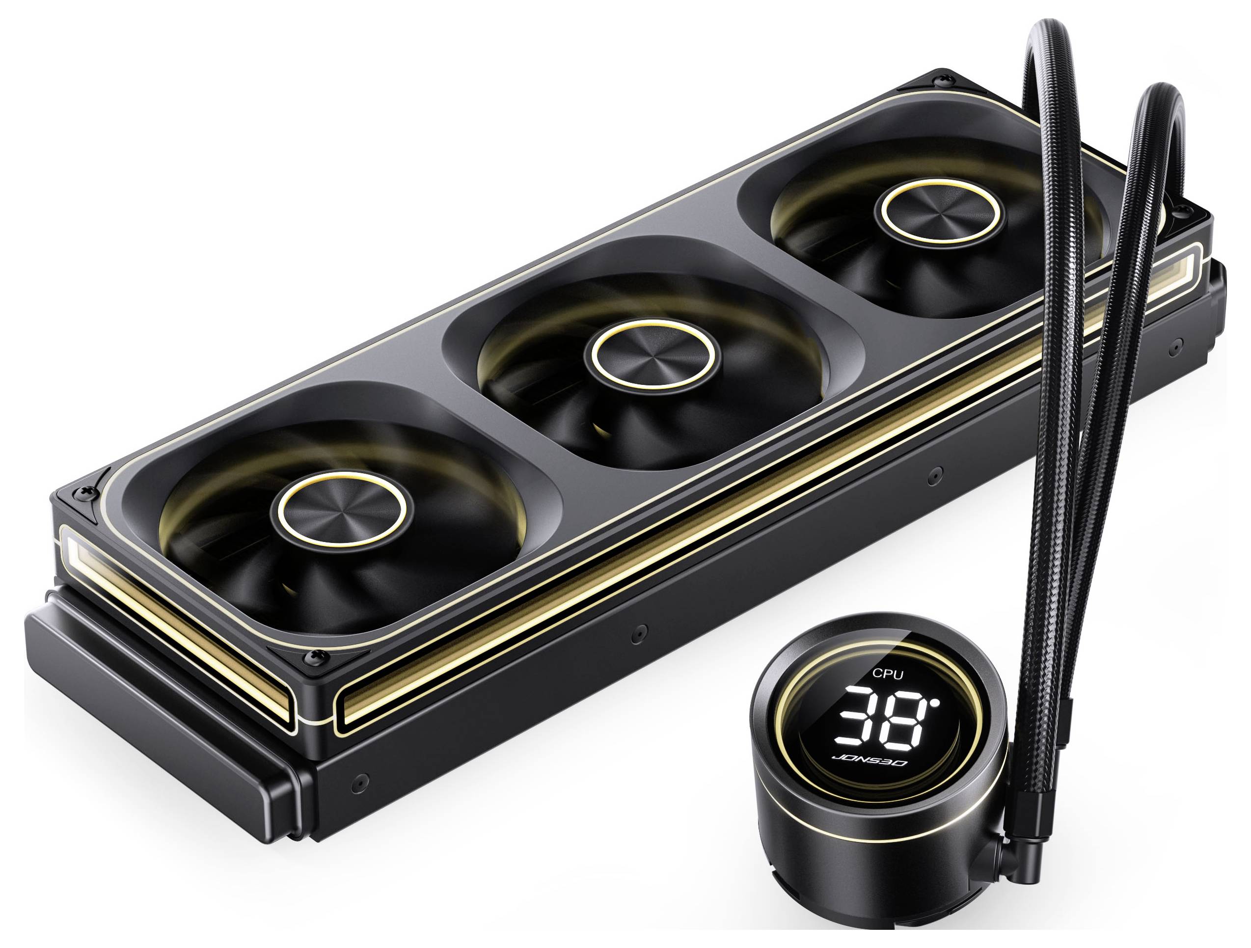 Flüssigkeits-CPU-Kühler mit einem Dreifach-Lüfter-Radiator und Display, das 'CPU 38°C' anzeigt. Mit goldenen Akzenten und schwarzen geflochtenen Schläuchen.
