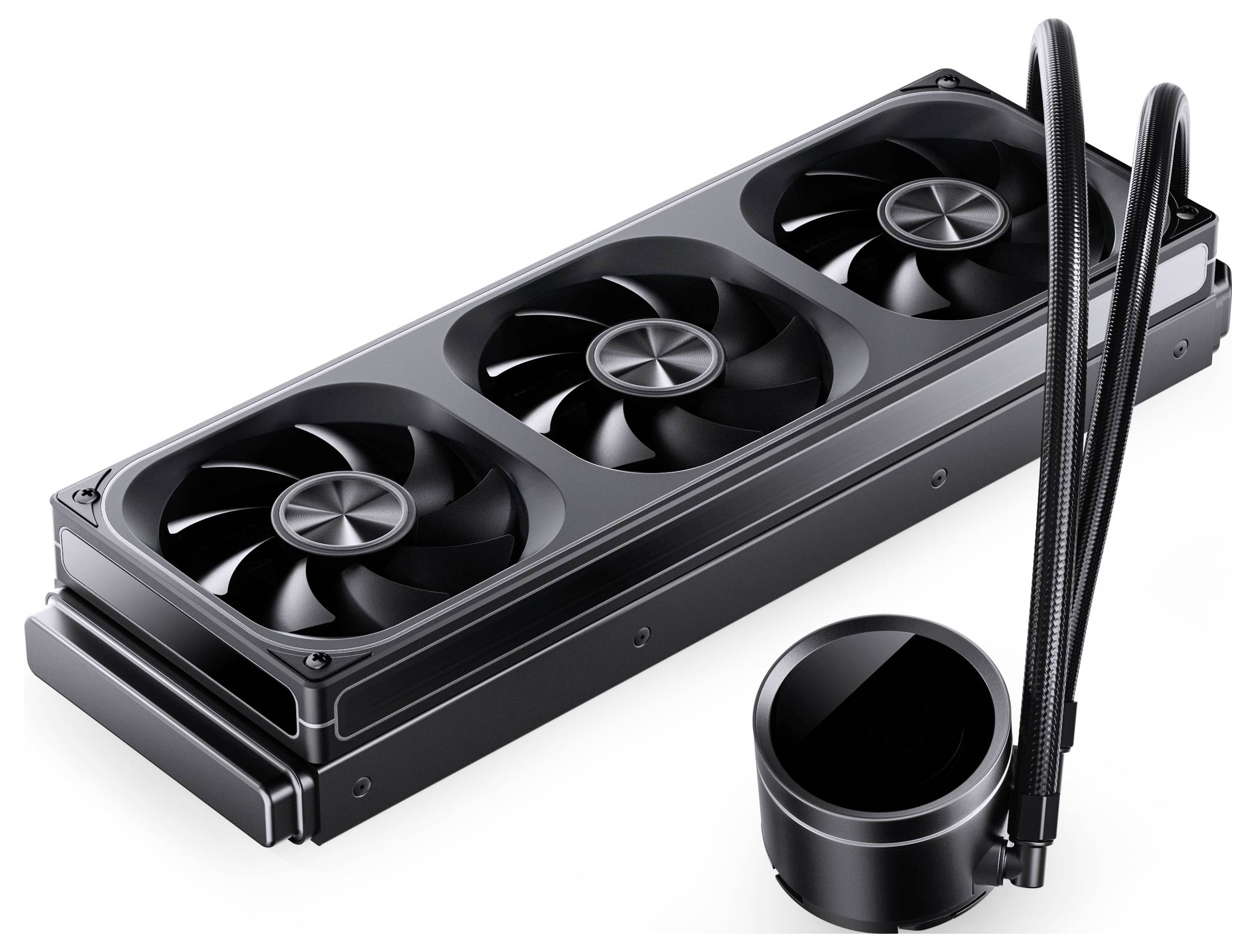 Ein Flüssigkühlsystem mit einem Kühler, ausgestattet mit drei großen Lüftern und einer separaten Pumpeneinheit, entwickelt für effizientes Wärmemanagement in Computern.