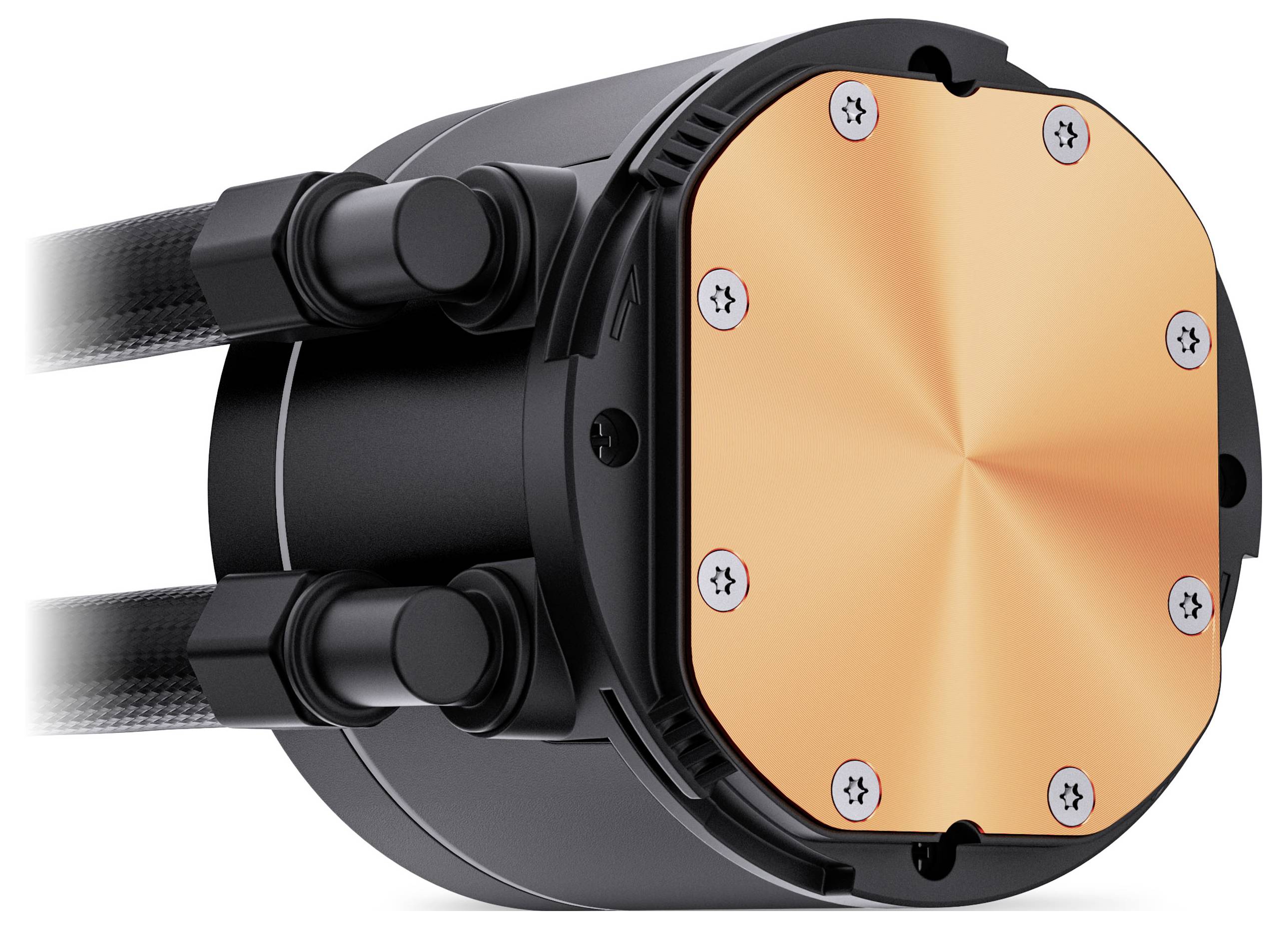 Wasserkühlungsblock aus Kupfer mit Schrauben und Rohren auf schwarzer zylindrischer Basis, wahrscheinlich zur Kühlung eines Computers.