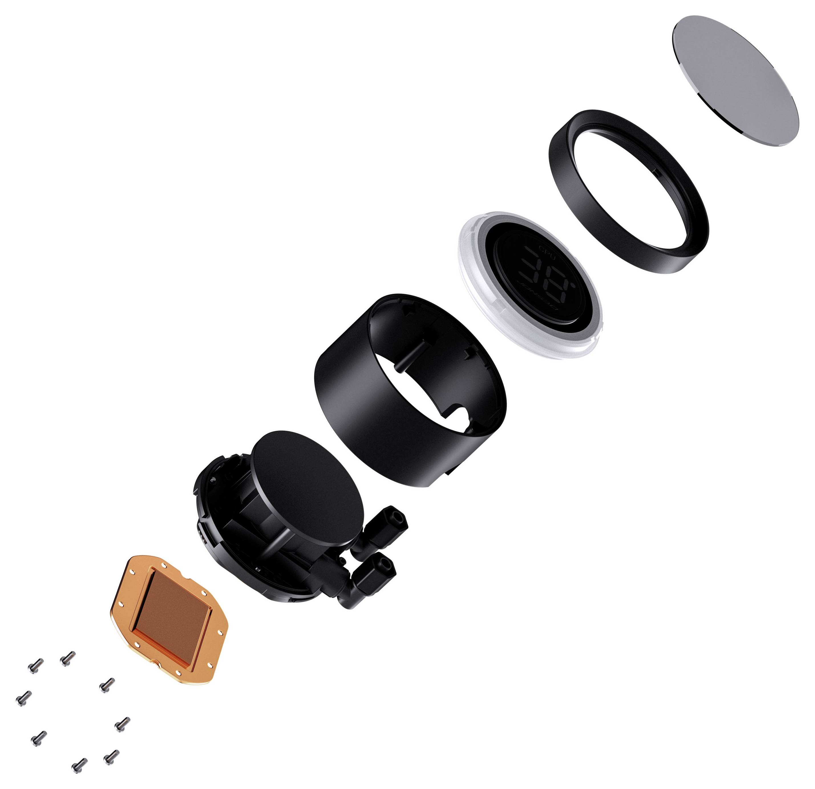 Explosionszeichnung eines Thermostats mit folgenden Komponenten: Display, Blende, Gehäuse, Montagehalterung und einer Leiterplatte mit Schrauben.