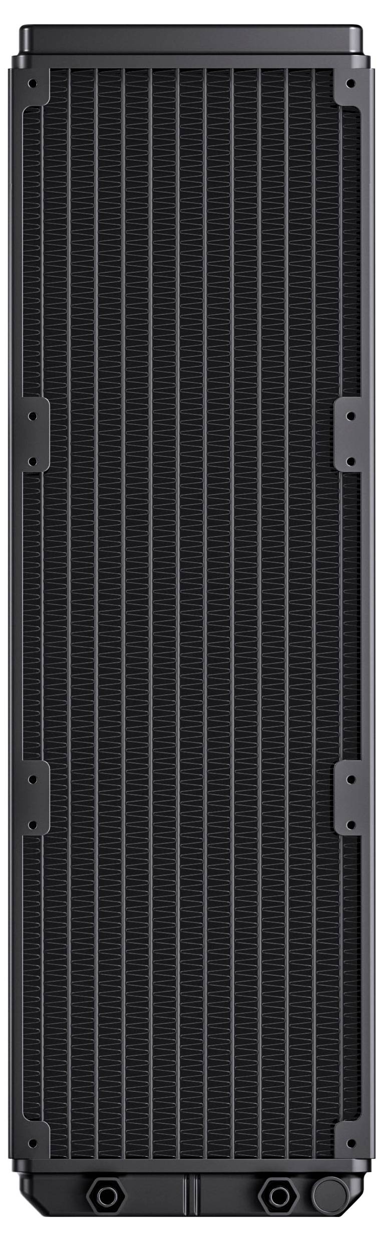Ein hoher, rechteckiger schwarzer Computerradiator mit einem Metallgitter und Befestigungshalterungen, der zur Kühlung von Hardwarekomponenten verwendet wird.
