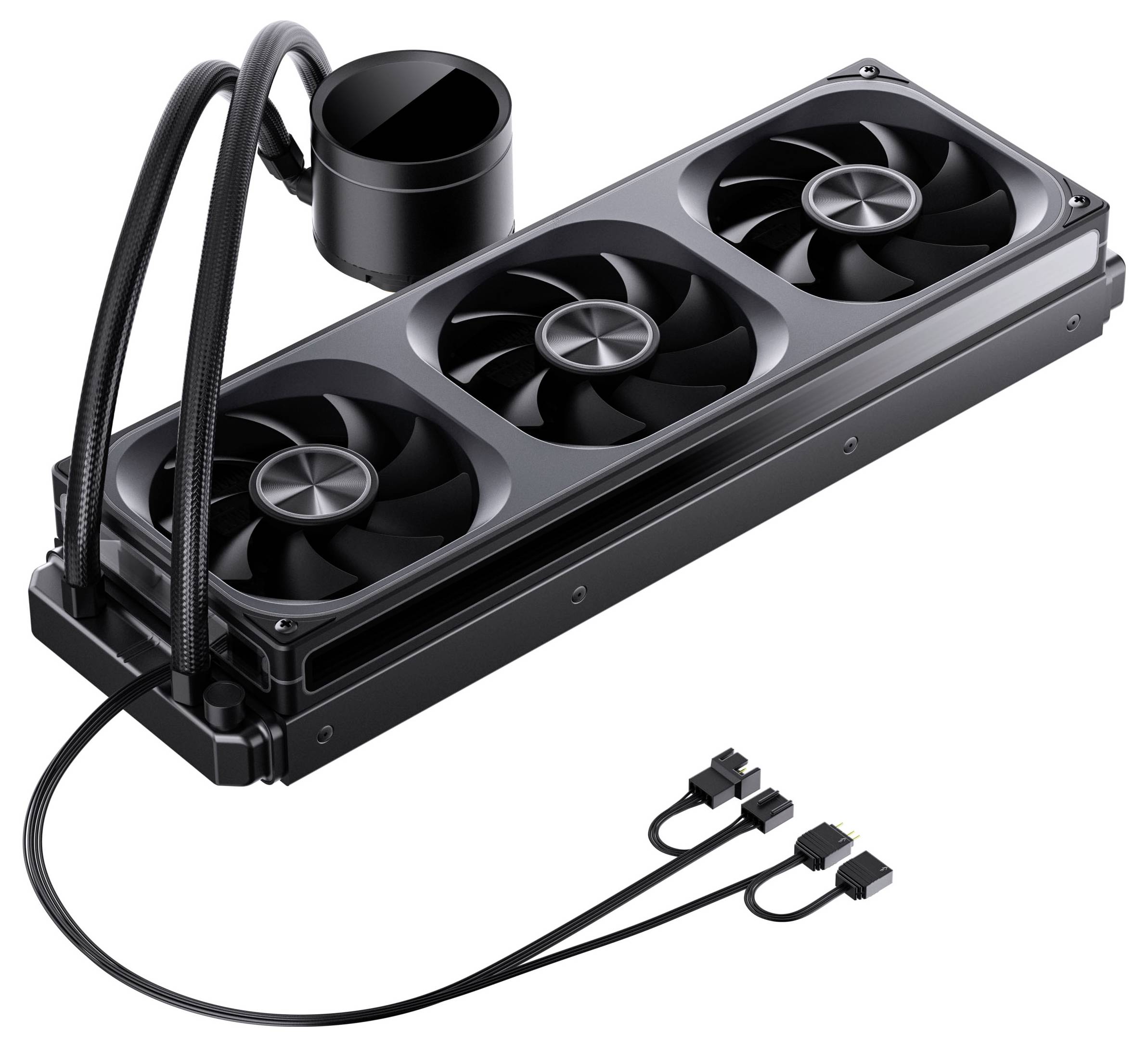 Ein schwarzes Computer-Flüssigkühlsystem mit drei Lüftern und einem CPU-Wasserblock, ausgestattet mit angeschlossenen Stromkabeln.