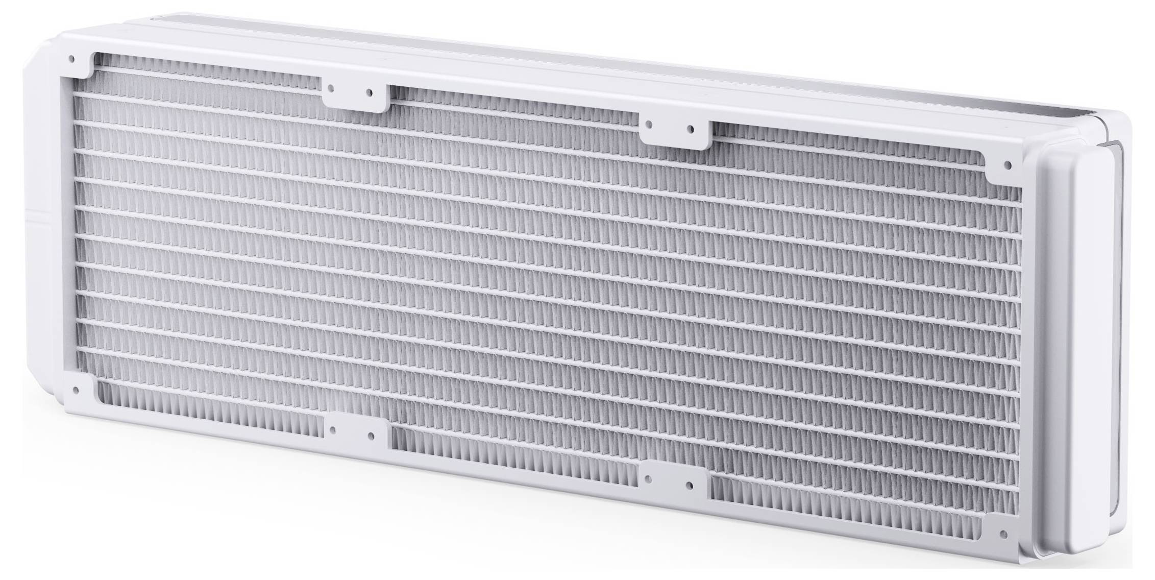 Ein rechteckiger Metallklimaanlage-Kühlergrill mit mehreren horizontalen Lamellen zur Belüftung, aus einem seitlichen Winkel gezeigt.