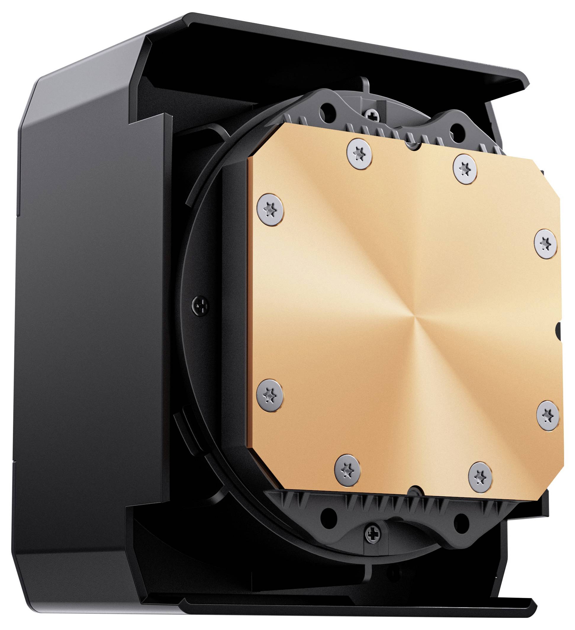 Ein schwarz-kupferner Computer-Kühlventilator mit einer sechseckigen Kupferbasis und sichtbaren Schrauben, konstruiert für effektive Wärmeableitung.