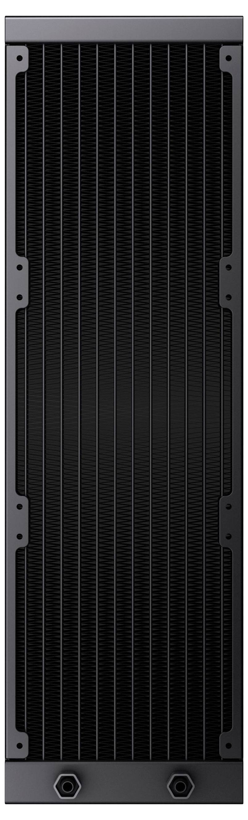 Ein großer, rechteckiger, schwarzer Kühlkörper mit einem gitterförmigen Muster. Unten sind zwei kreisförmige Anschlüsse für die Schlauchverbindung sichtbar.