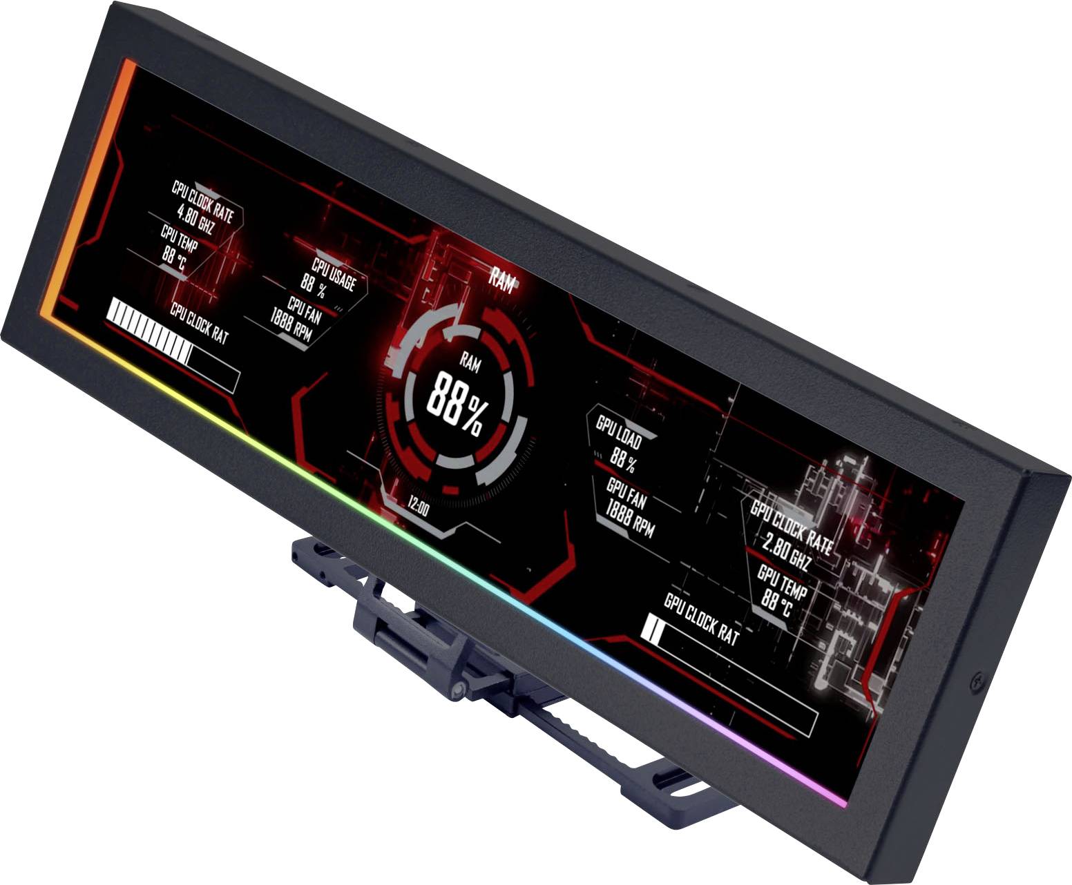 Ein hochmoderner, breiter Computermonitor zeigt eine grafische Benutzeroberfläche mit farbenfrohen Datenvisualisierungen und Leistungskennzahlen an.