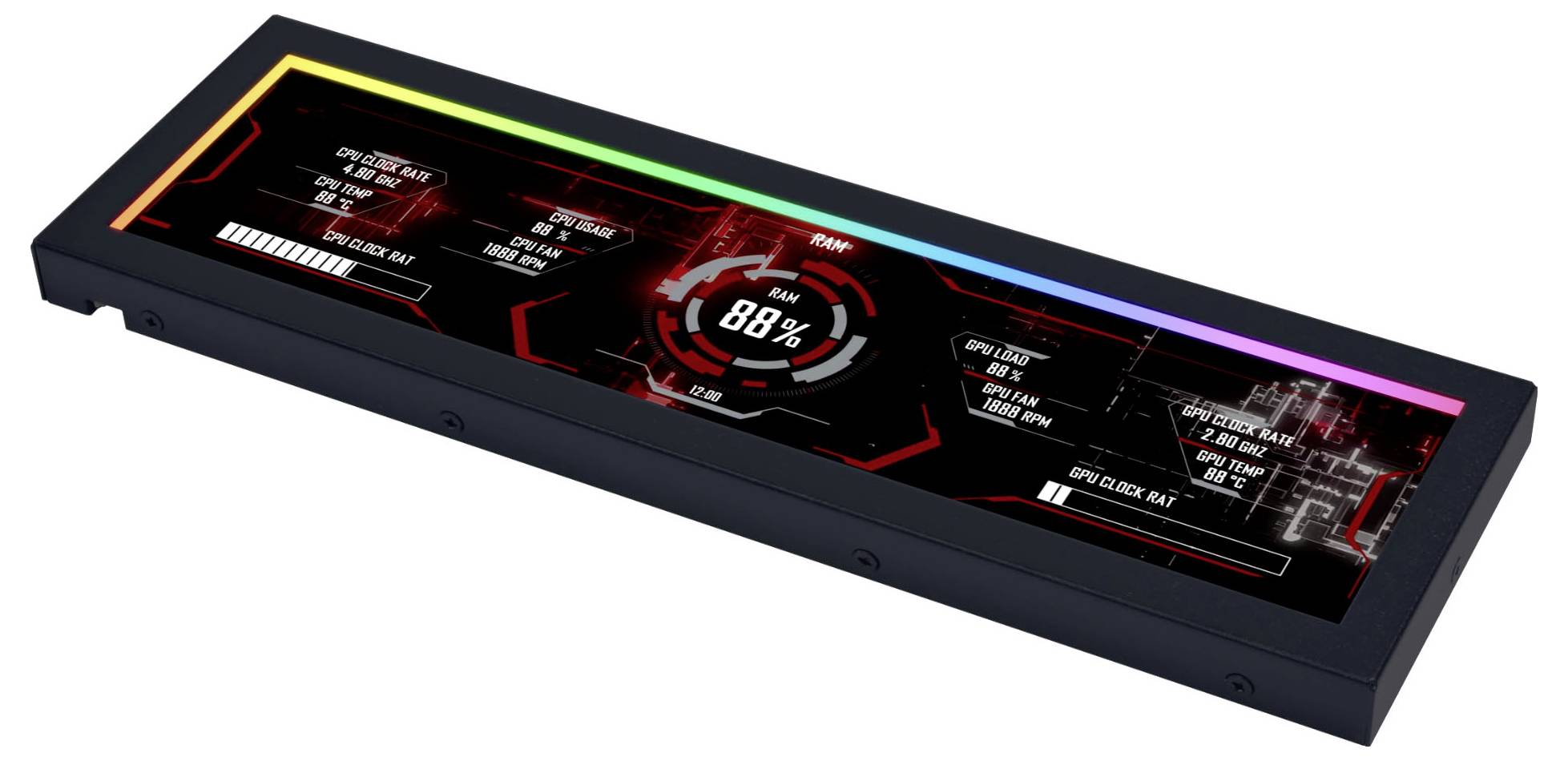 Ein rechteckiges elektronisches Display, das Systemstatistiken anzeigt: „RAM