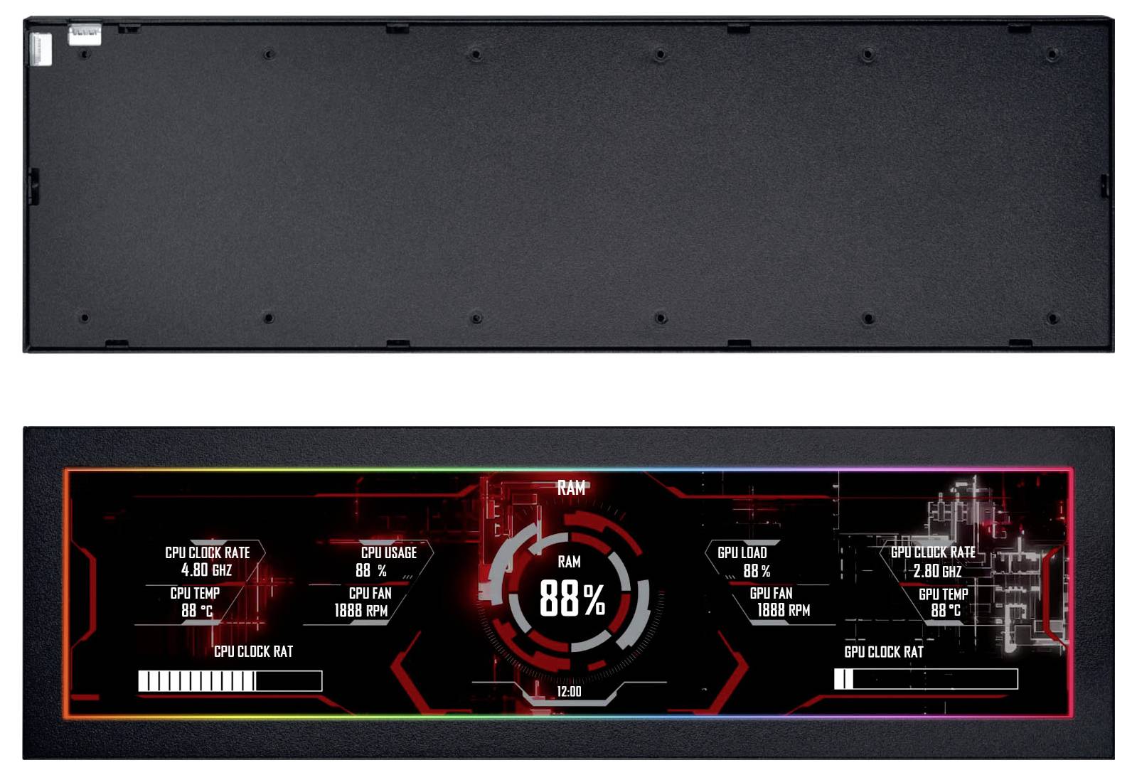 RGB-Panel zeigt CPU-Auslastung, Temperatur und Lüftergeschwindigkeit an; RAM-Auslastung bei 88%. Verfügt über technisch gestaltete Grafiken mit detaillierten Systemstatistiken.