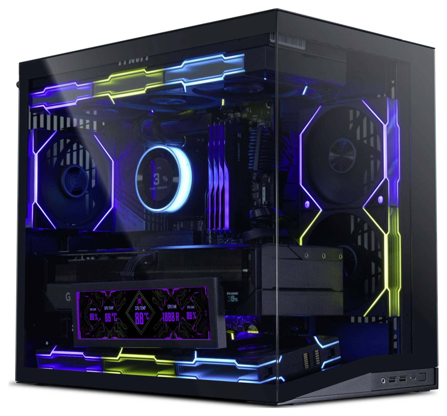 Eine klare Seitenansicht eines Gaming-PCs mit leuchtenden Neon-Komponenten, die mehrere Lüfter und einen beleuchteten Prozessorkühler zeigt.