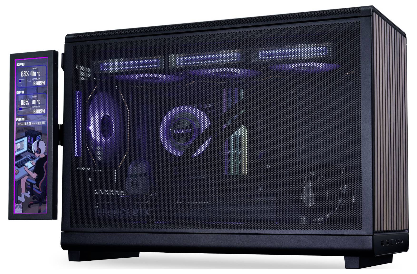 Ein schwarzes Computer-Gehäuse mit sichtbarer violetter LED-Beleuchtung im Inneren. Das Seitenpanel zeigt Systeminformationen und Grafiken auf einem digitalen Bildschirm.